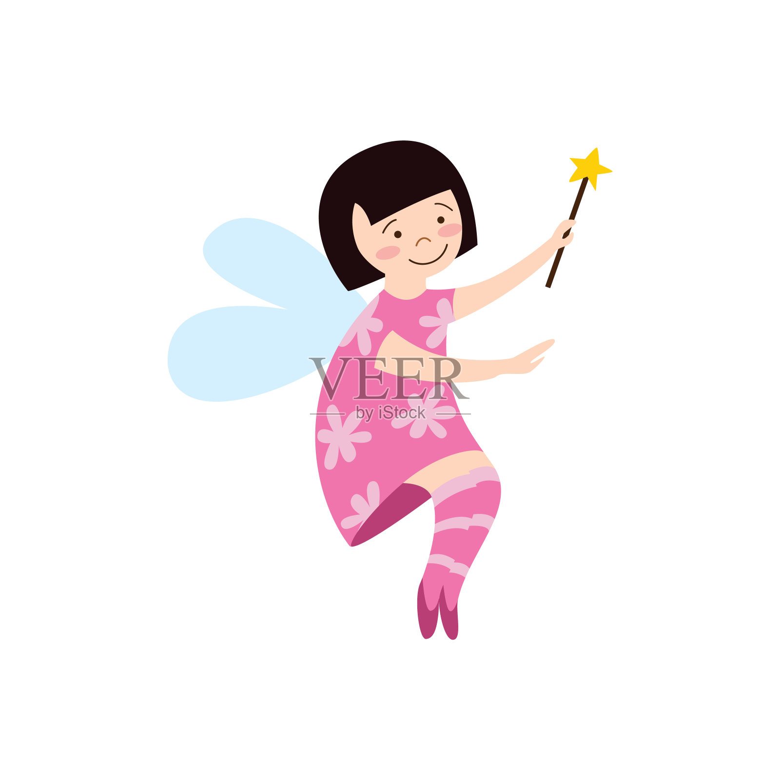 可爱的仙女女孩在粉红色的裙子与魔法棒平面矢量插图孤立。插画图片素材