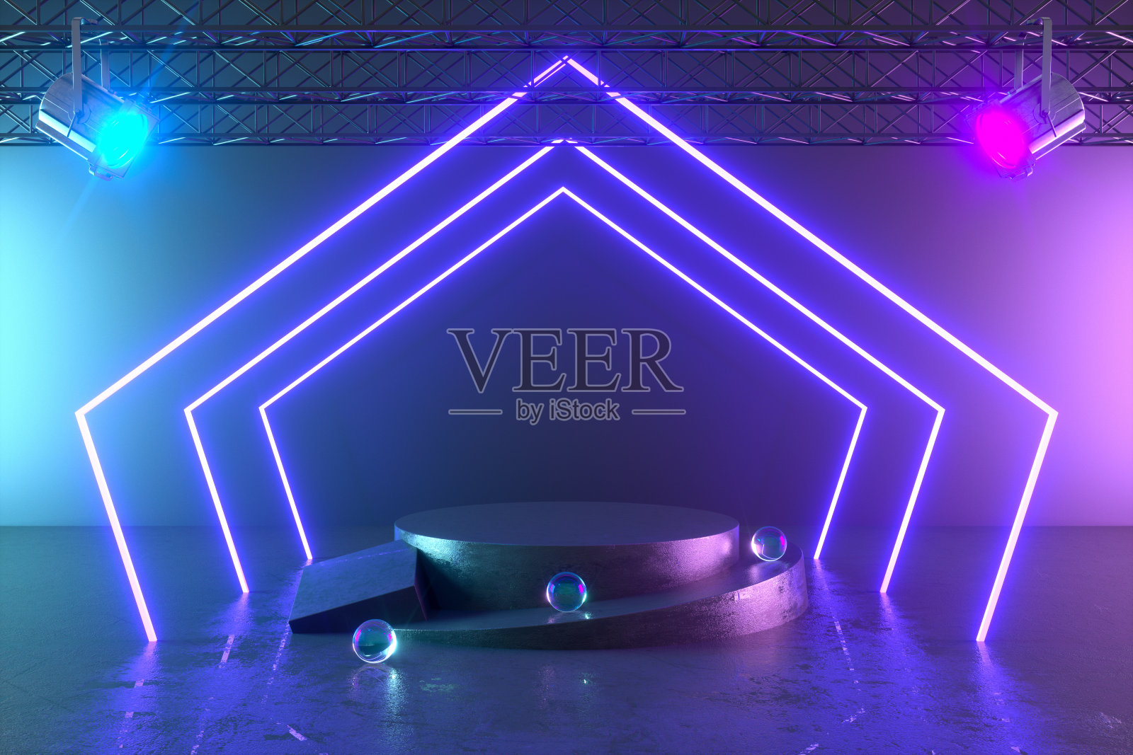 紫外氖激光发光线，光隧道，抽象3D背景与空产品架，平台照片摄影图片