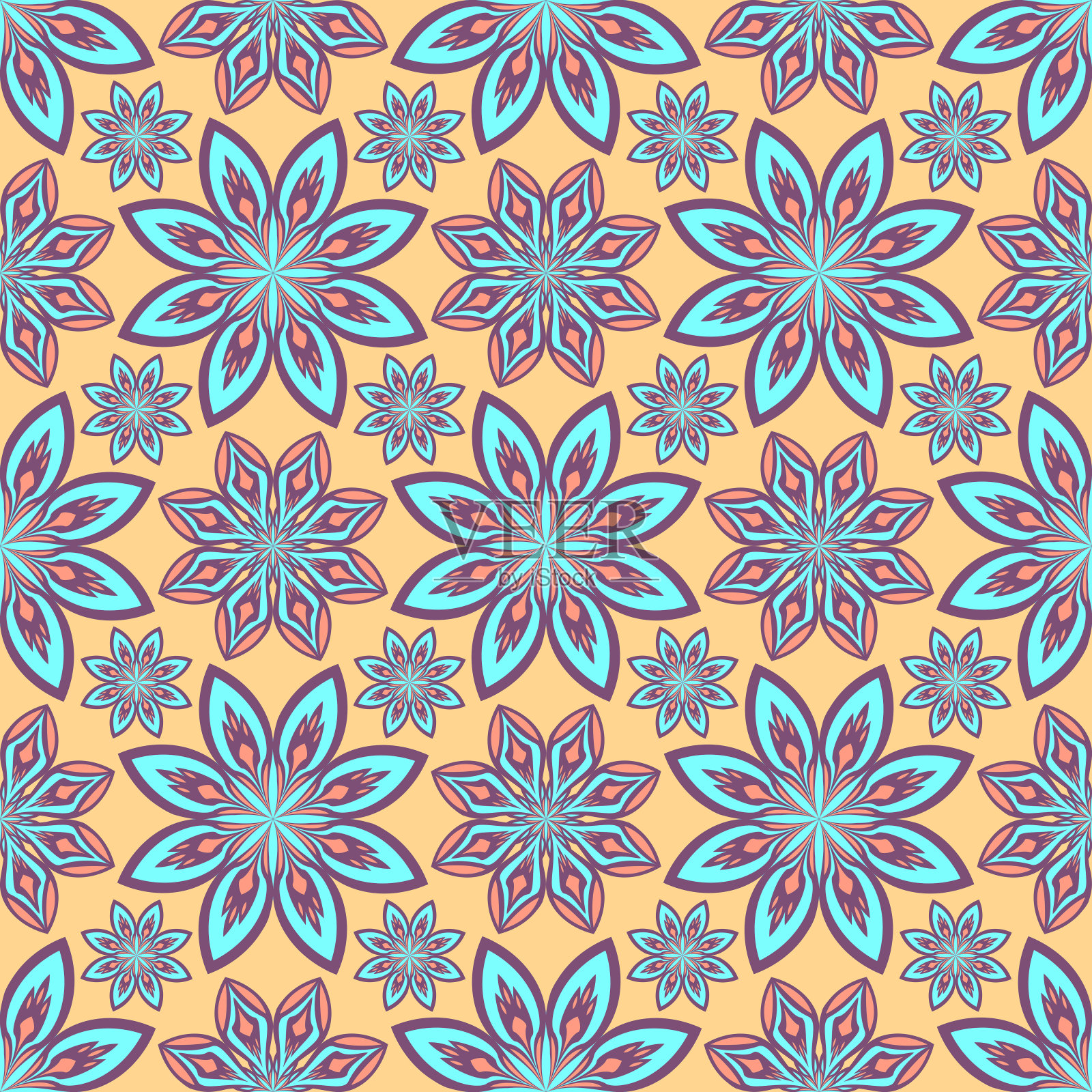 柔和抽象的花朵东方无缝图案，蓝色紫色橙色柔和的颜色，孤立的米色背景。矢量背景奥斯曼motif。花民族瓷砖装饰与花。插画图片素材