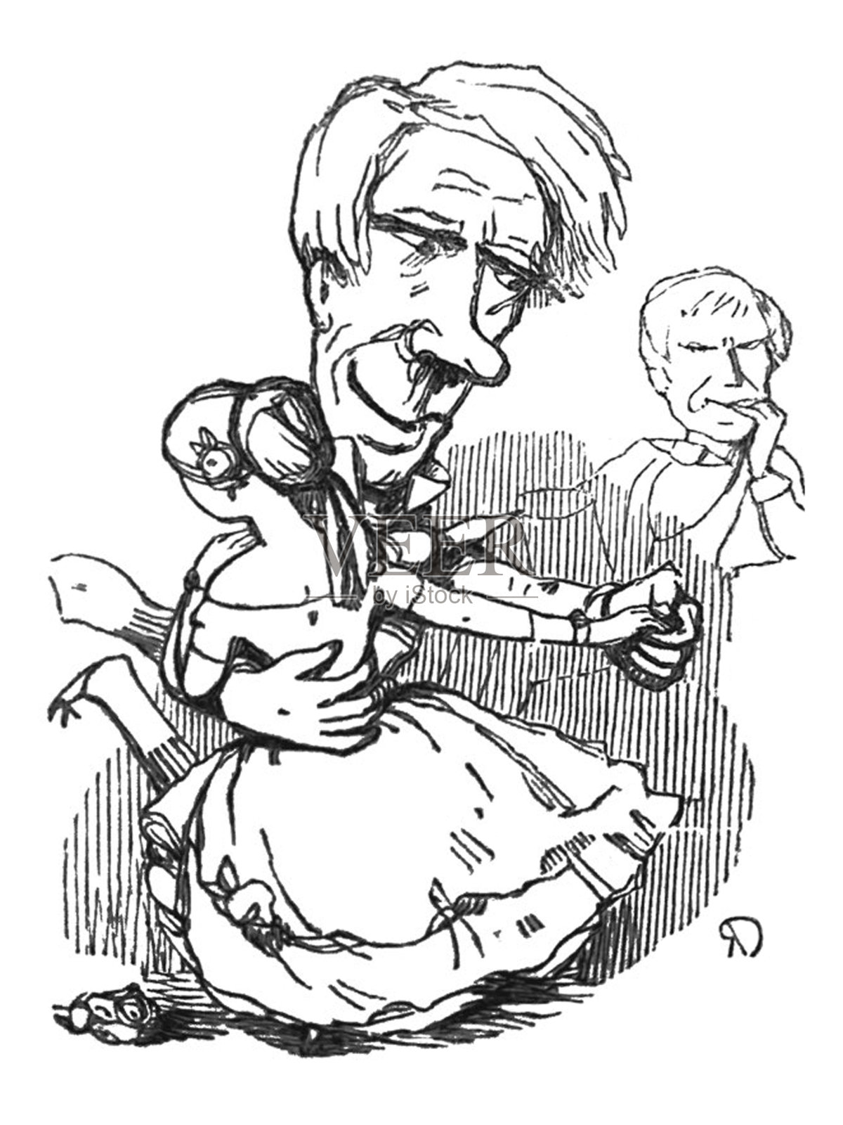 英国讽刺漫画漫画插图-男人与一个非常大的头跳舞的女人插画图片素材