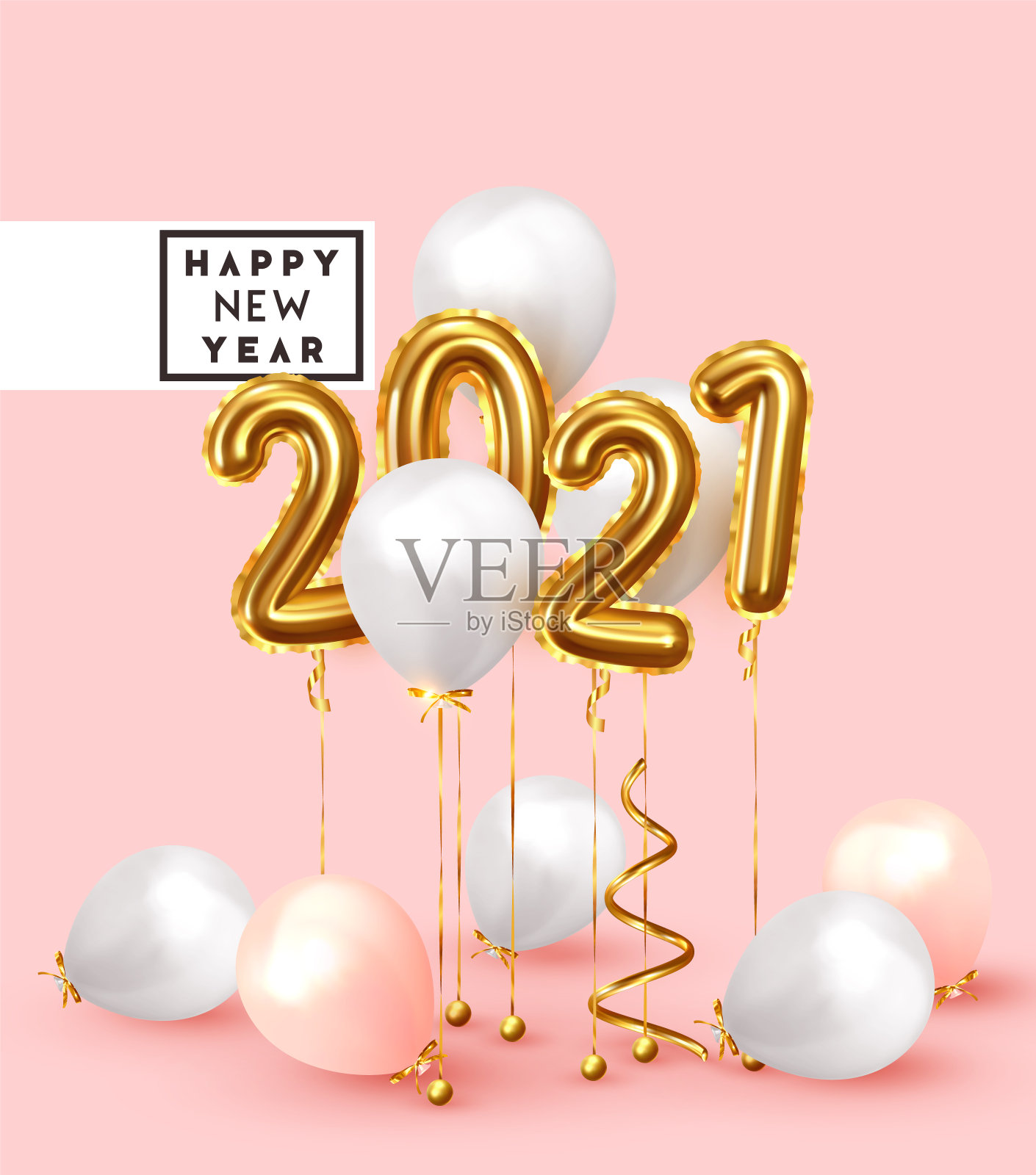 2021年新年快乐。背景逼真的金色气球。装饰设计元素。对象渲染带3d气球。庆祝派对海报，横幅，贺卡。节日的矢量图。插画图片素材