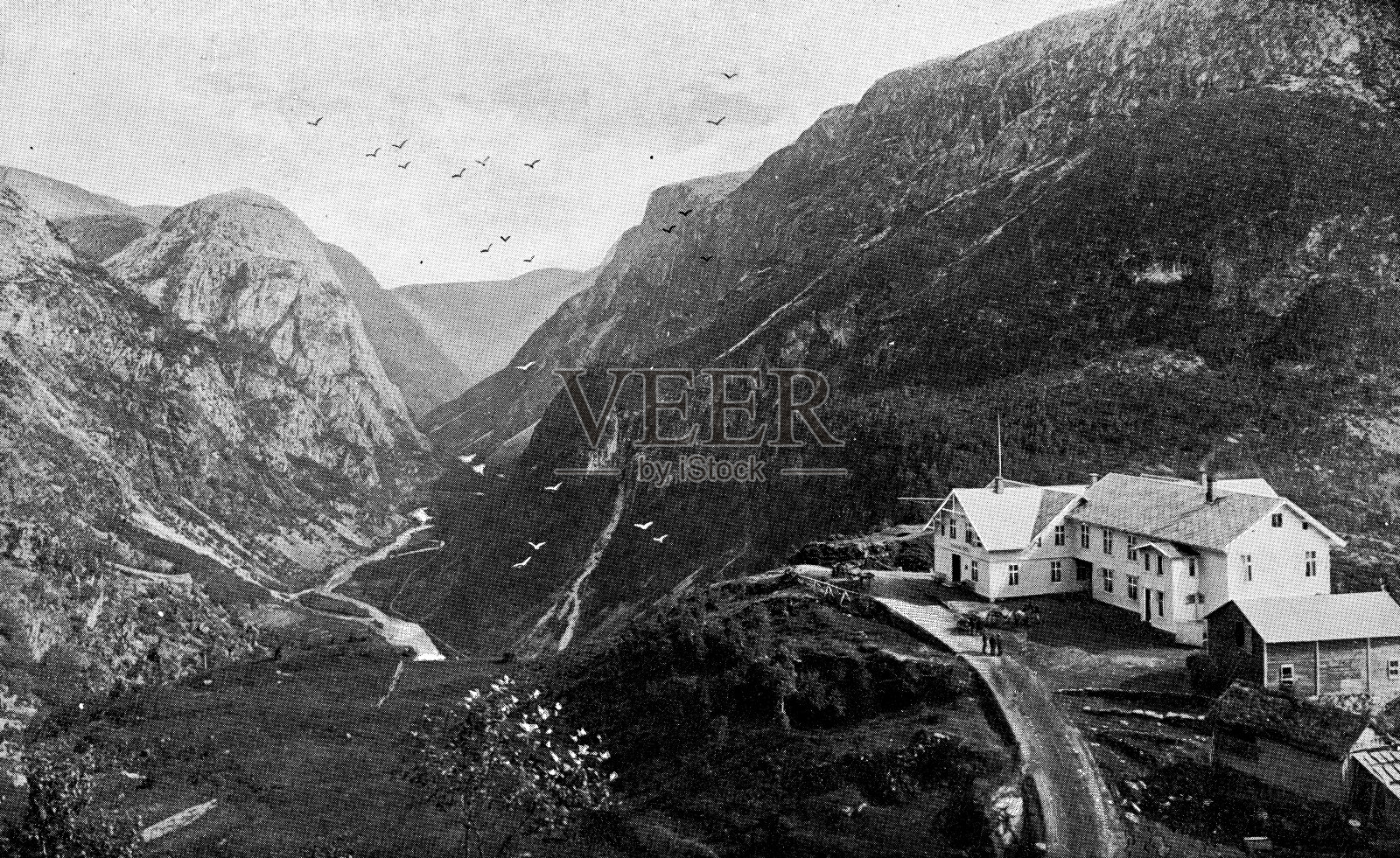 原斯塔尔海姆酒店在纳罗伊达伦山谷霍达兰，挪威- 19世纪照片摄影图片
