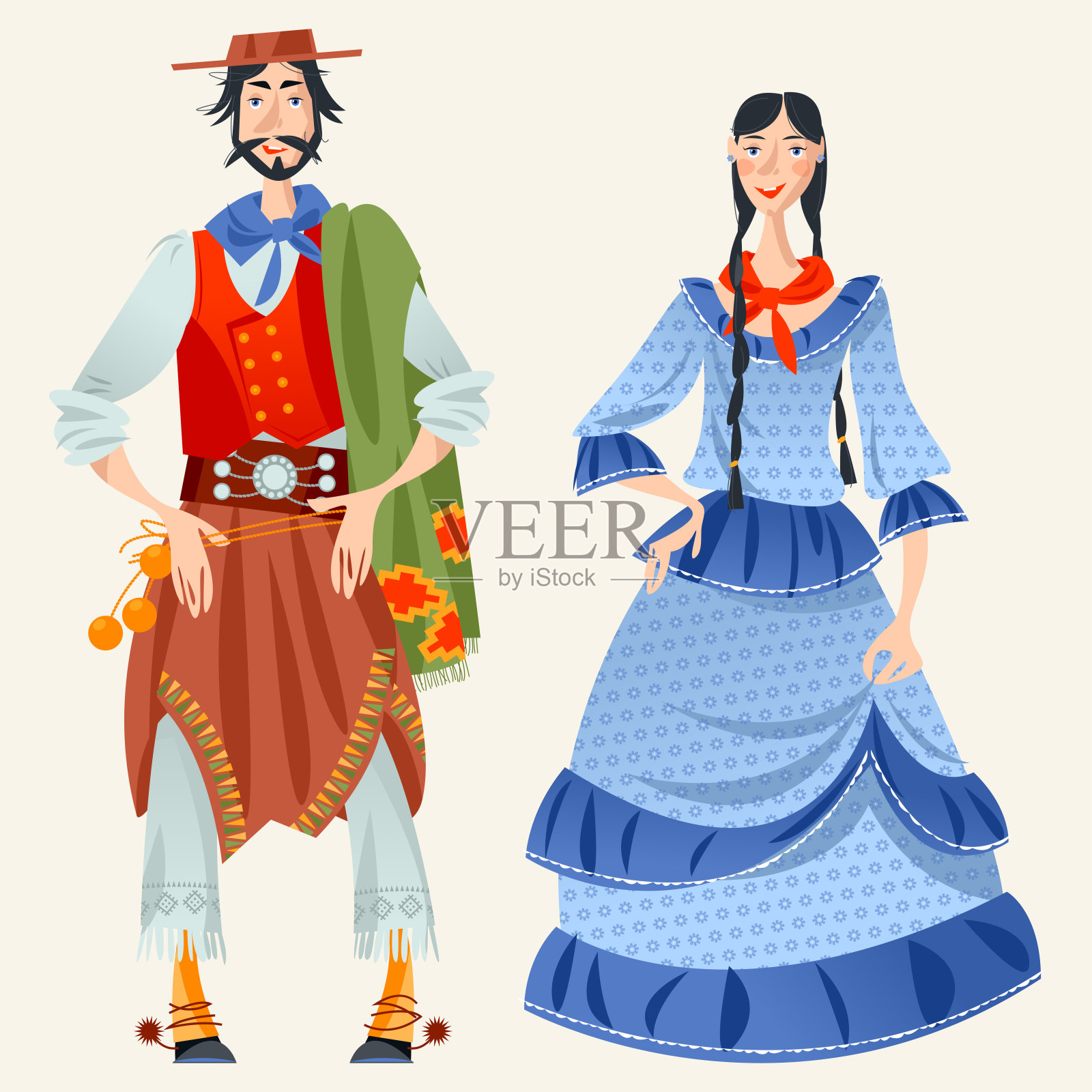 Сouple穿着传统服装。高乔(阿根廷牛仔)和一个女孩。设计元素图片