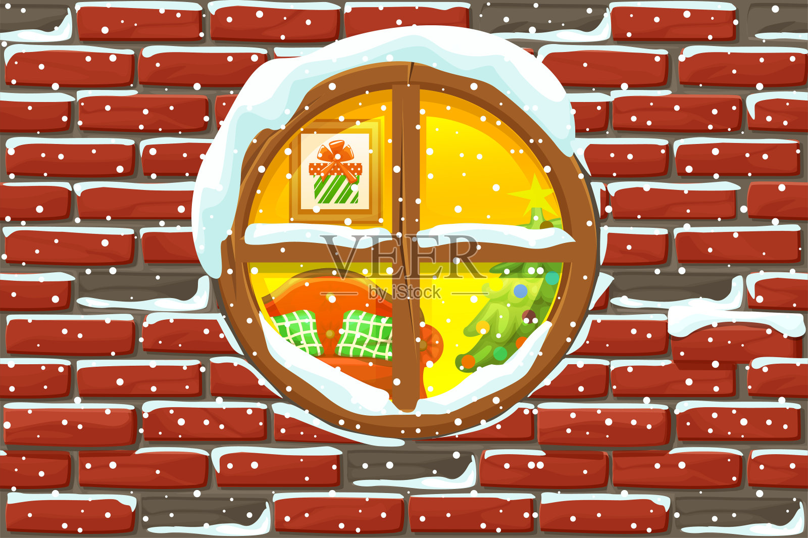 石墙上的圣诞窗。点亮圣诞树新年快乐装饰。圣诞快乐的假期。新年和圣诞节假期。插画图片素材