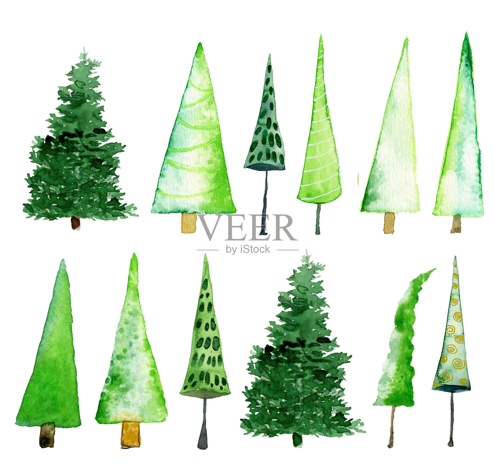 几棵树和圣诞树，水彩画在纸上插画图片素材