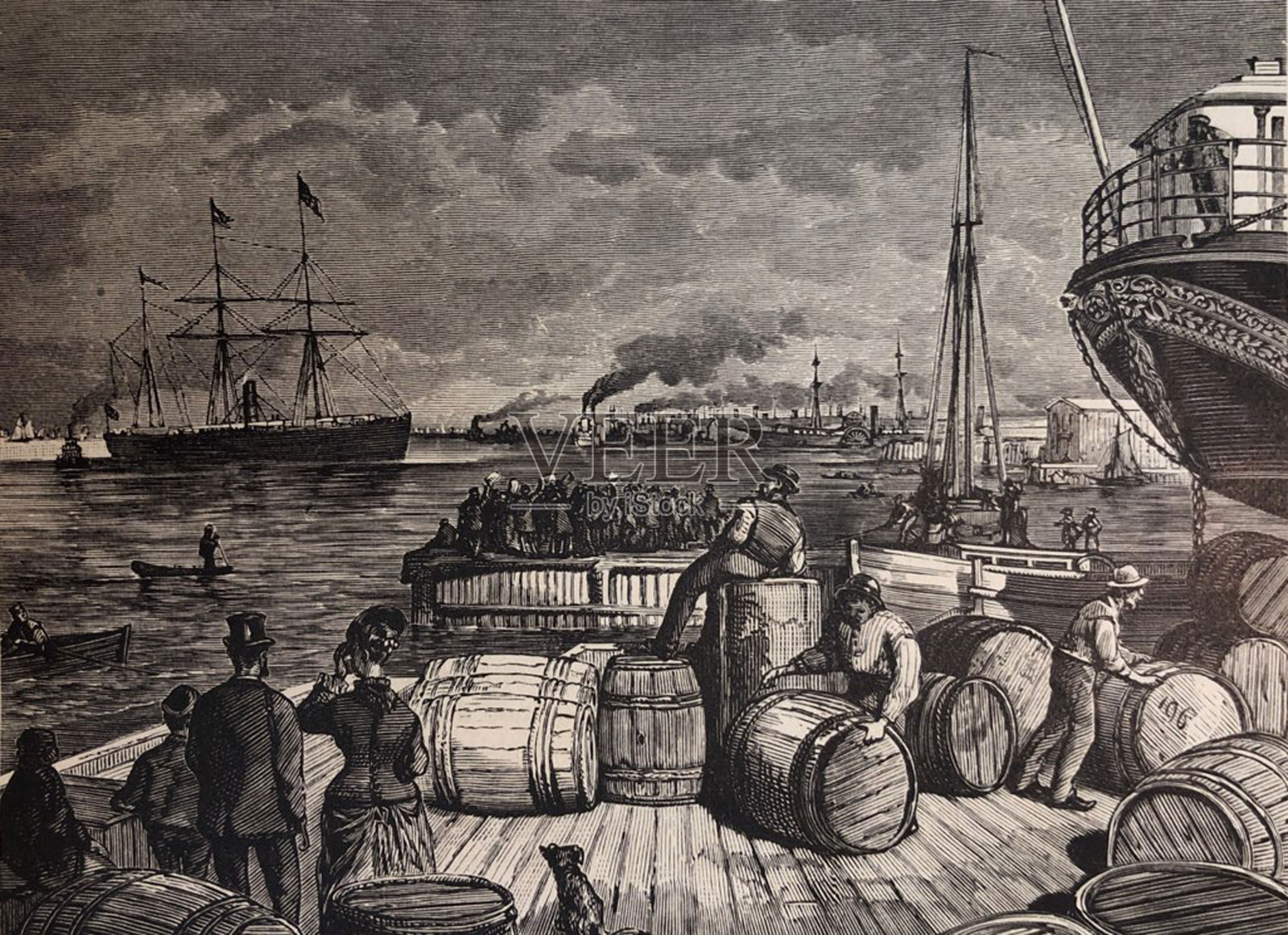 古董插图- 1881年纽约-远洋轮船出港插画图片素材