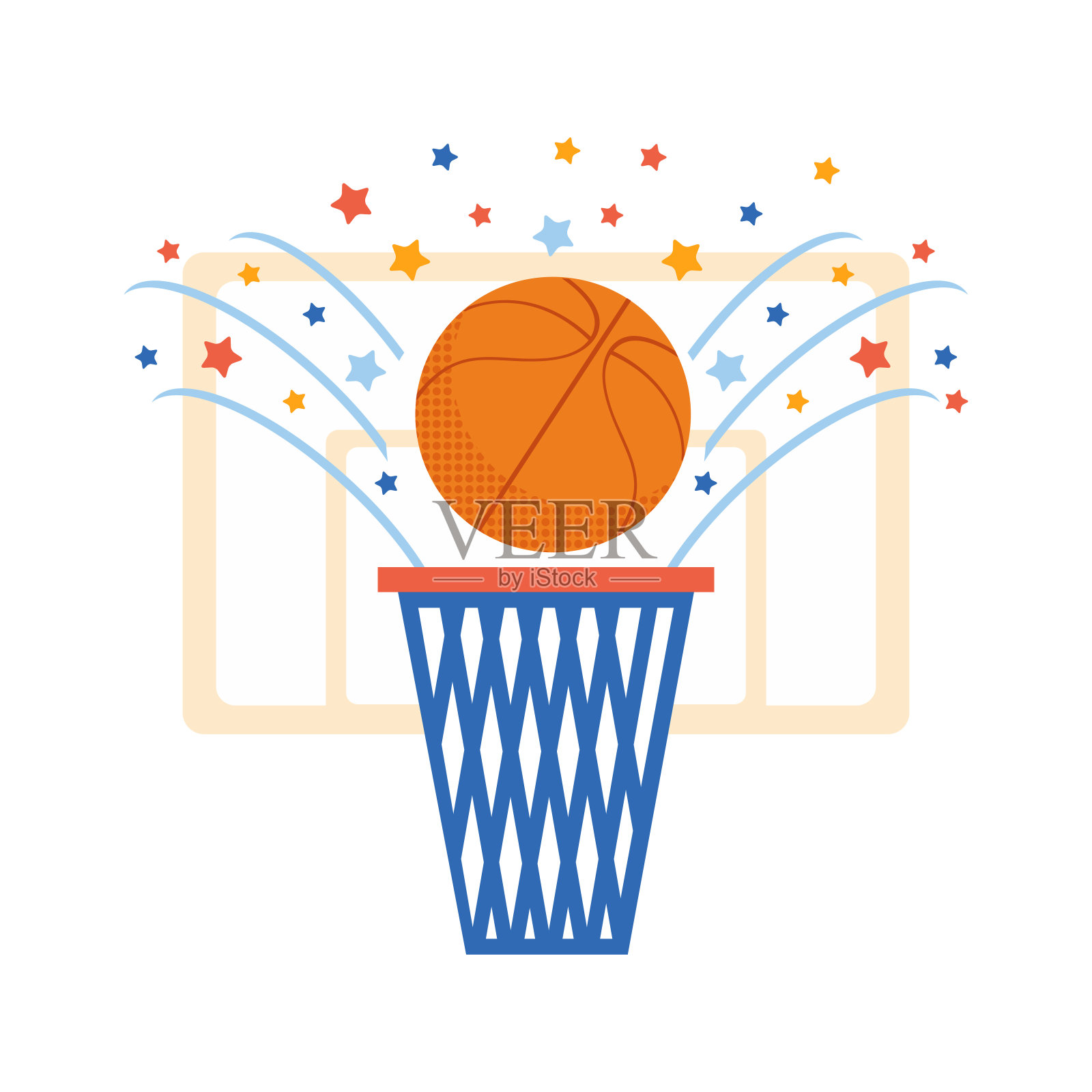 篮球和篮球环在白色的背景。把球投进篮里。体育儿童插图在平面矢量。丰富多彩的卡通风格。胜利。插画图片素材