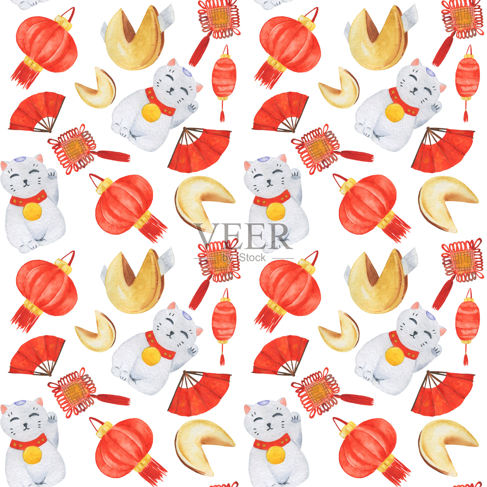 无缝图案与水彩红灯笼，幸运猫，结和未来的饼干孤立在白色的背景插画图片素材