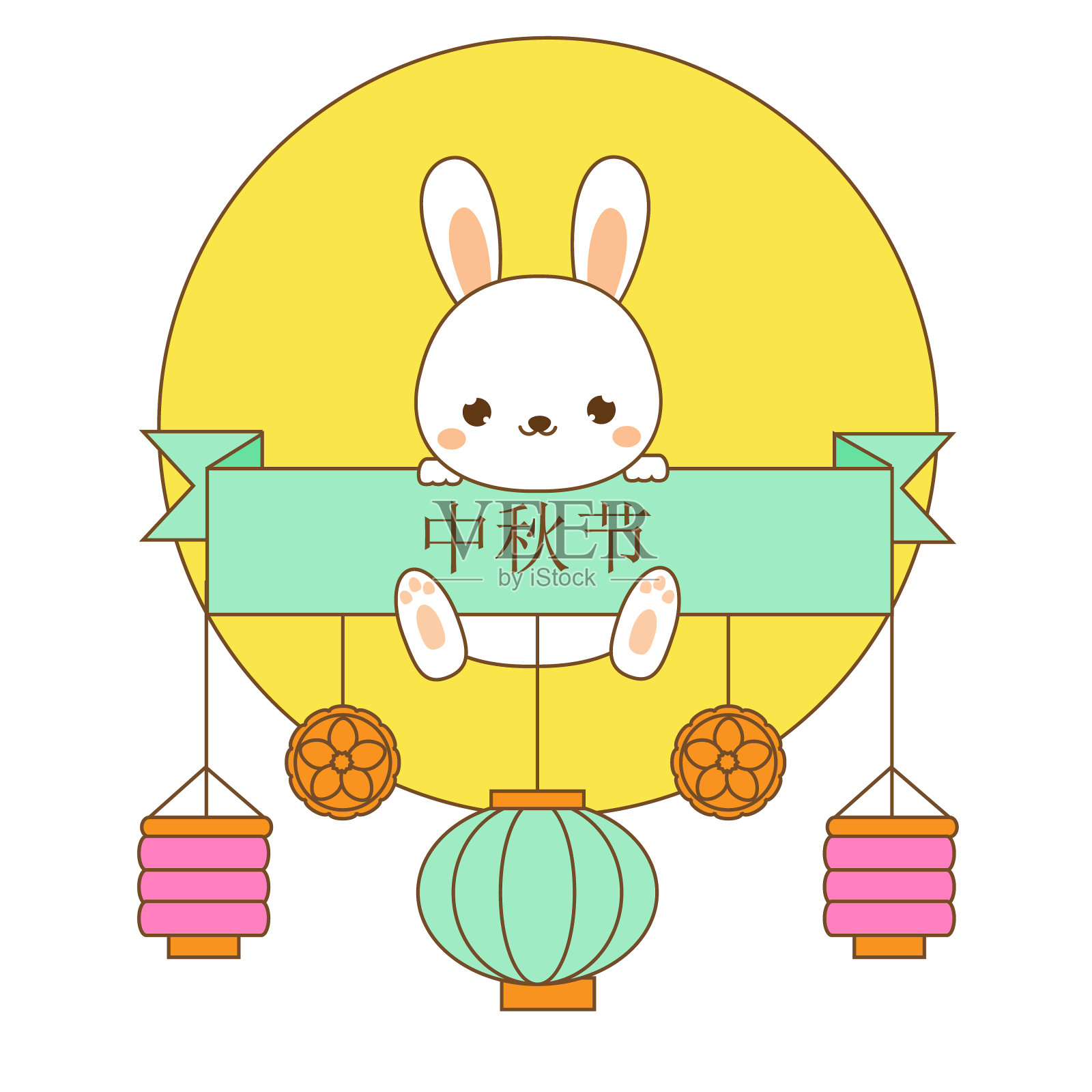 挂着可爱兔子、灯笼和月饼的中秋横幅设计元素图片