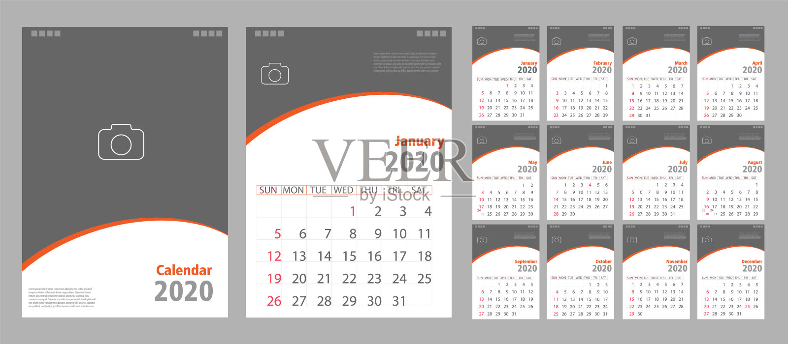 日历2020，设置桌面日历模板设计与地方的照片和公司标志。一周从周日开始。一套12个月设计模板素材