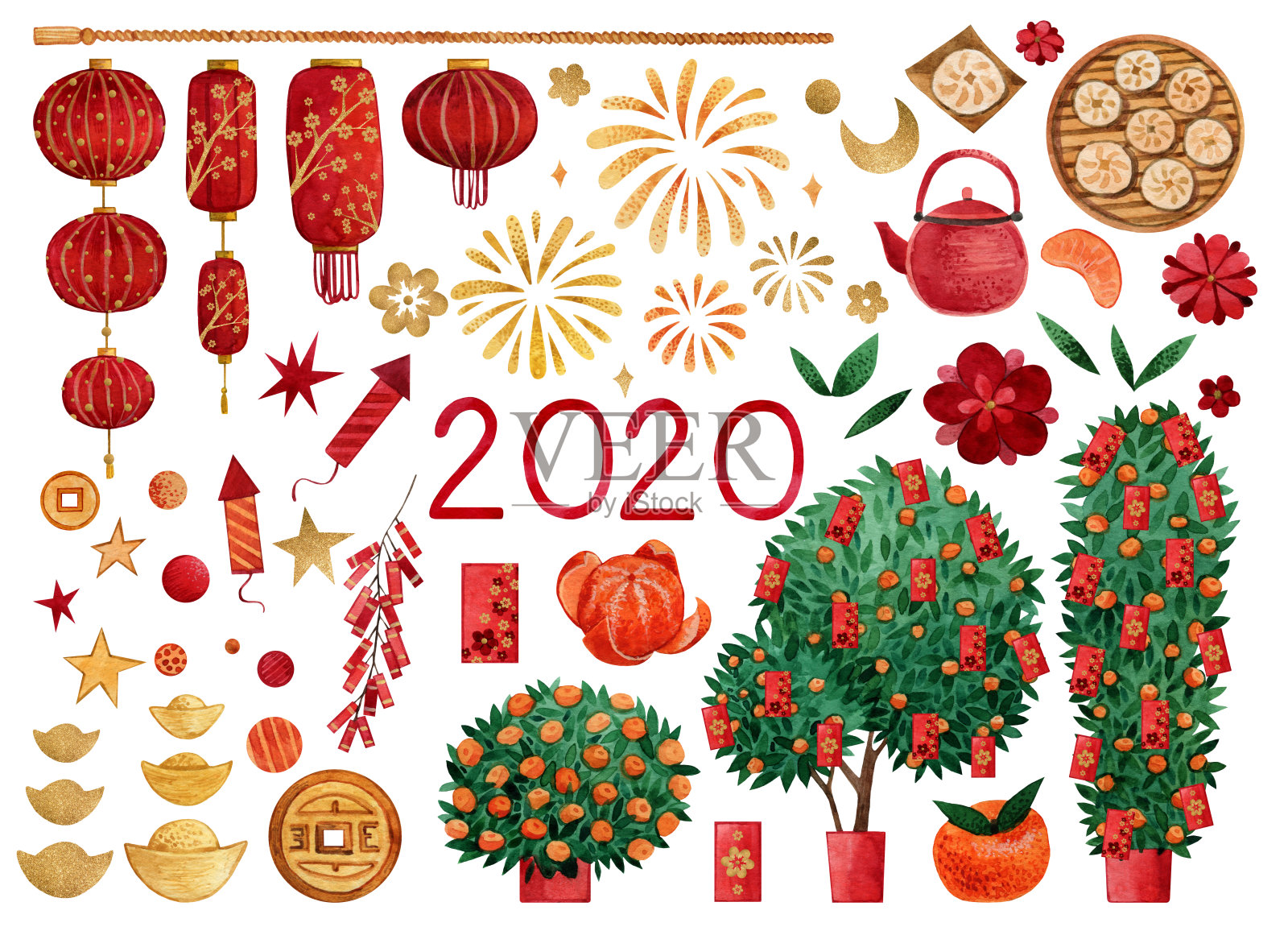 2020年中国新年水彩画元素集。手绘灯笼，橘子树，红包，烟花制作卡片，包装纸和剪贴簿根据您自己的设计。设计元素图片