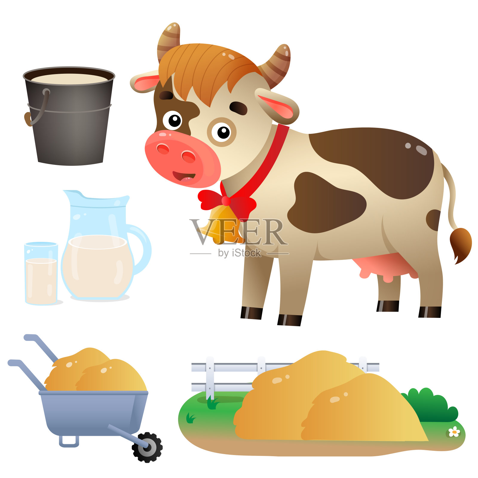 彩色图像的卡通奶牛与牛奶和干草在白色的背景。农场动物。矢量插图设置为孩子。设计元素图片