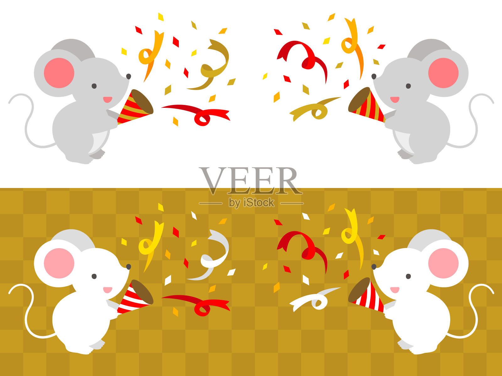 两对老鼠用爆竹庆祝新年的插图(二零二零年新年材料)插画图片素材