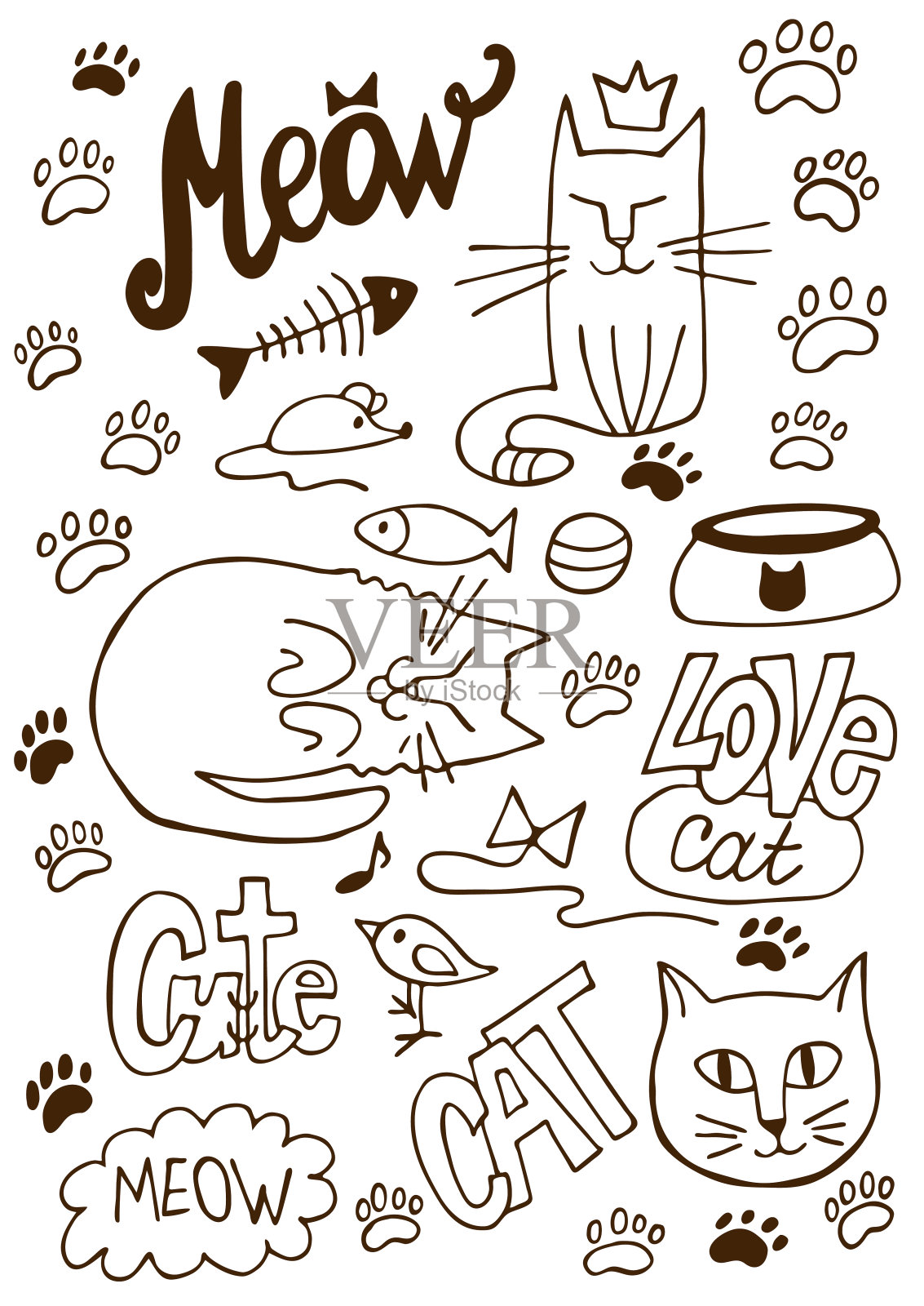 喵猫轮廓设置矢量插图鼠标字母手绘插画图片素材