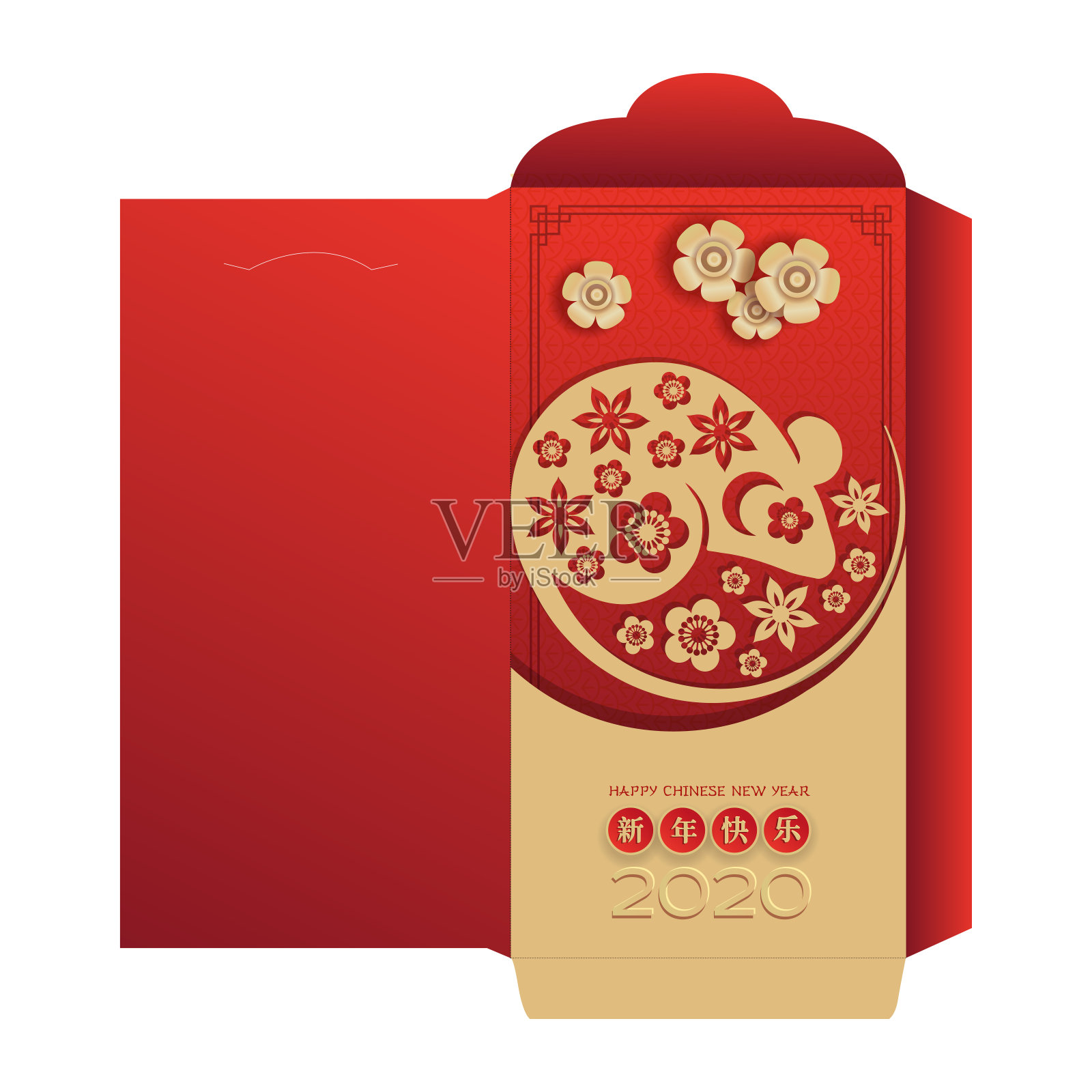 中国新年红包红包设计。红色和金色的剪纸老鼠人物在阴阳概念，花和亚洲工艺风格。中文翻译-新年快乐设计模板素材