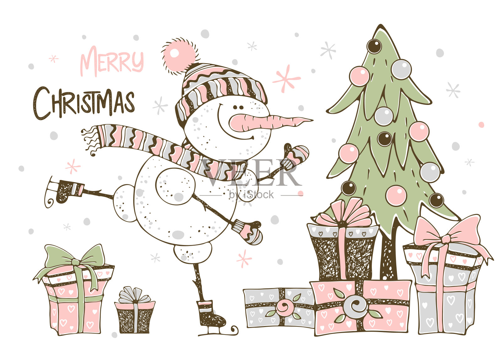 圣诞贺卡与可爱的雪人圣诞树和礼物。向量插画图片素材