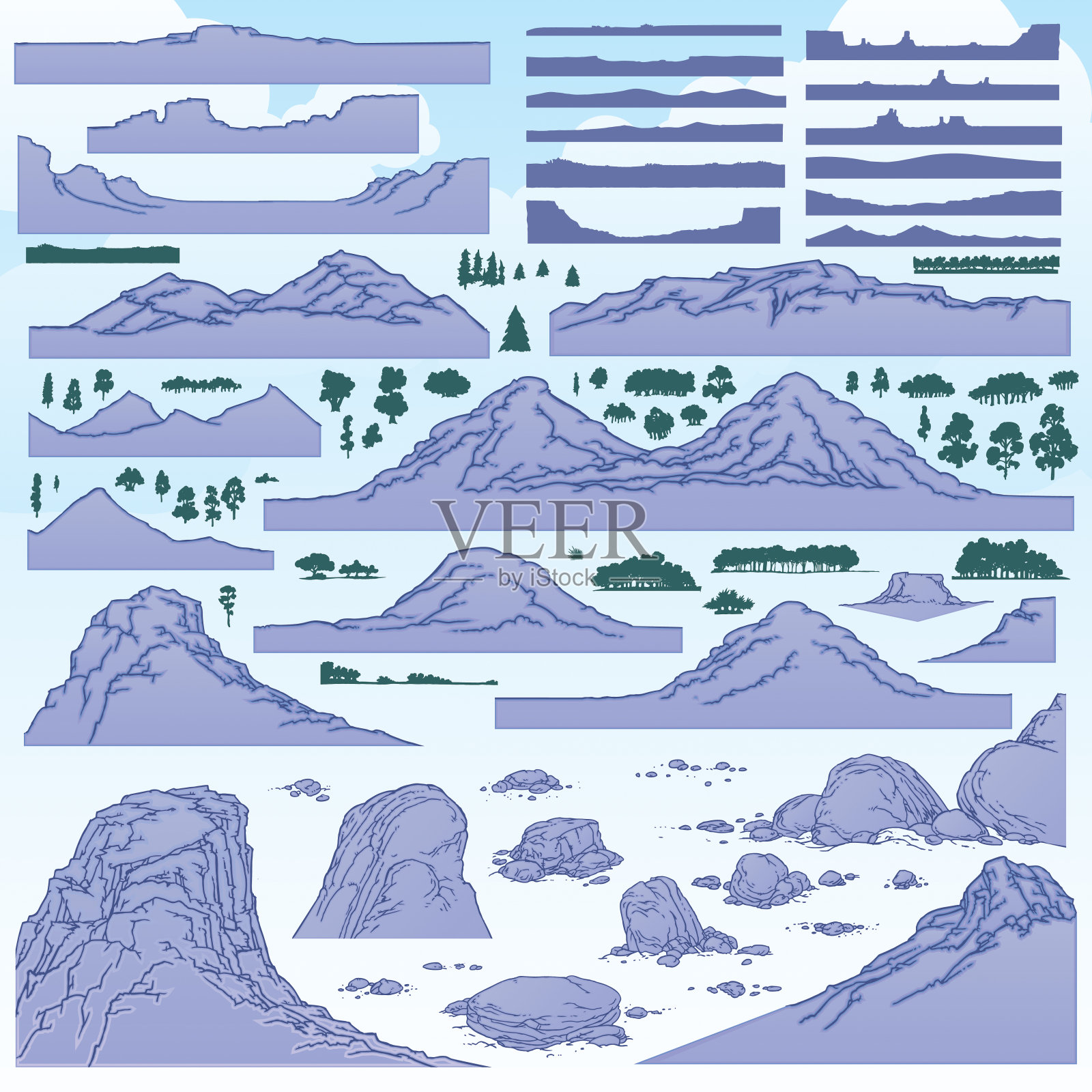 紫色山脉和山脉建筑元素插画图片素材