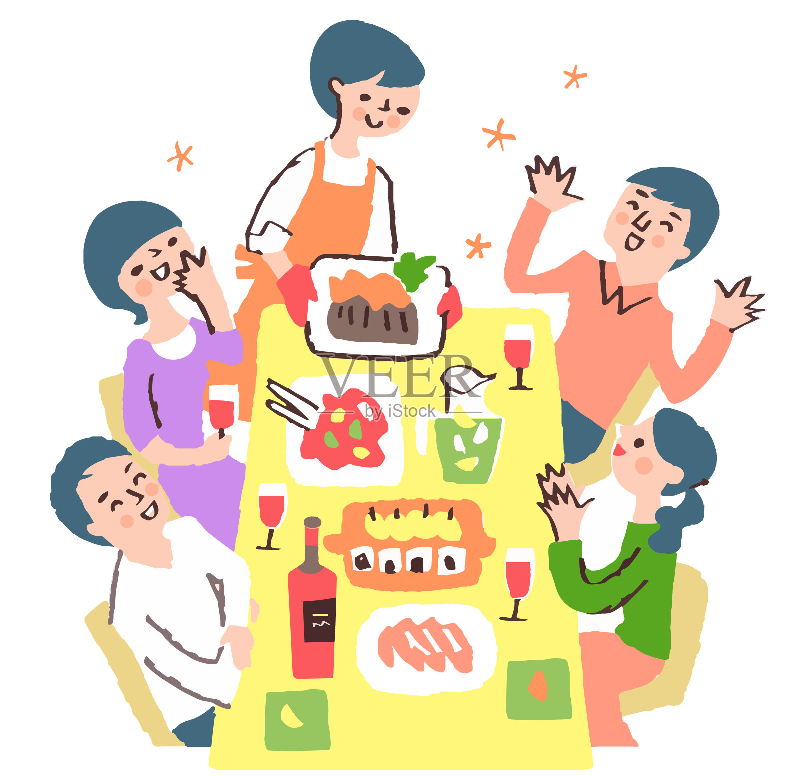 有几道菜的桌子和快乐的人们插画图片素材