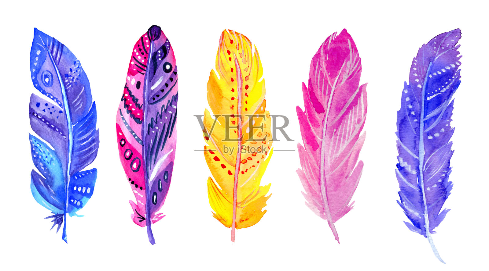 水彩紫色，蓝色，粉红色和黄色的羽毛插画图片素材