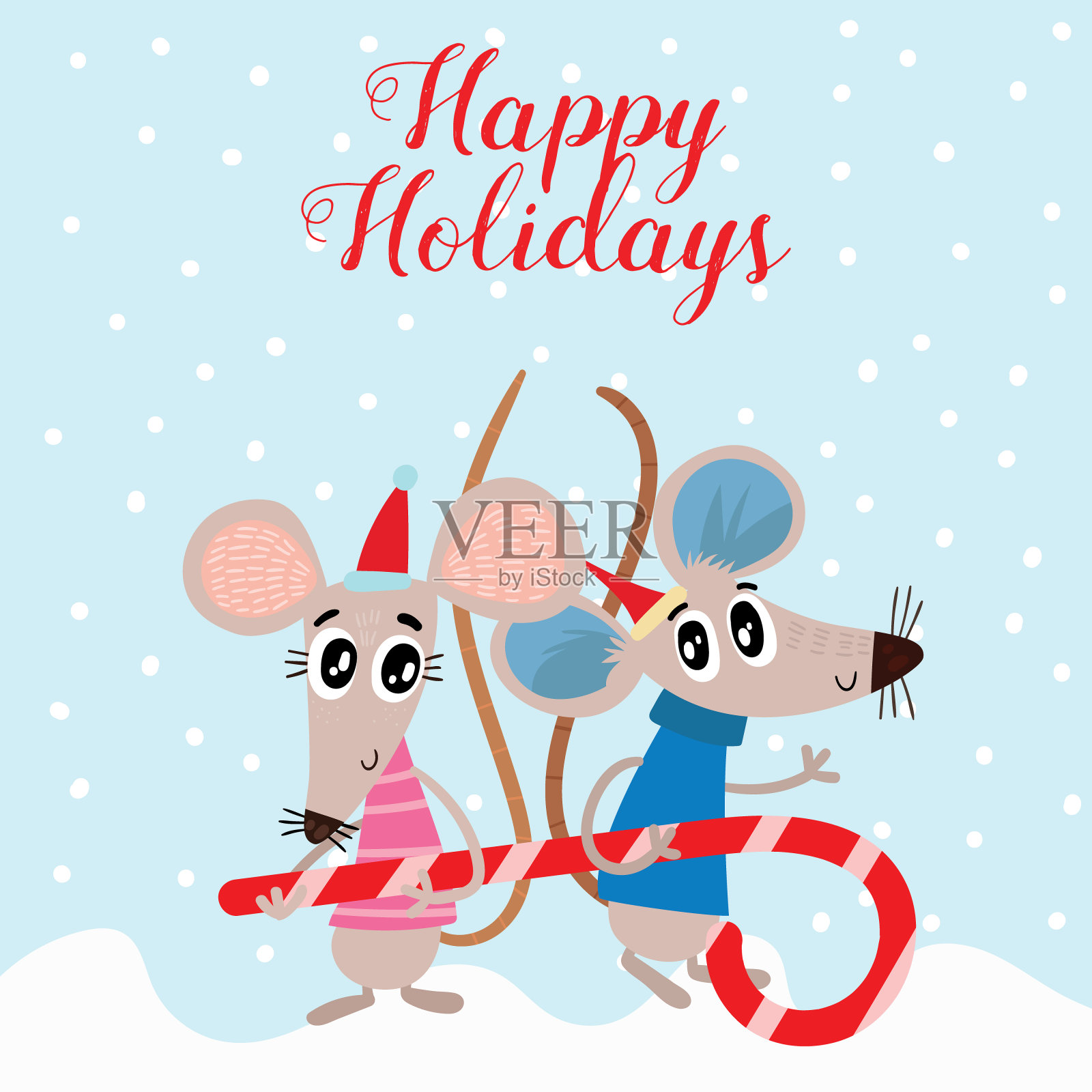 新年和圣诞贺卡和可爱的老鼠。卡通鼠标冬季打印。卡通贺卡与标志的2020年。插画图片素材