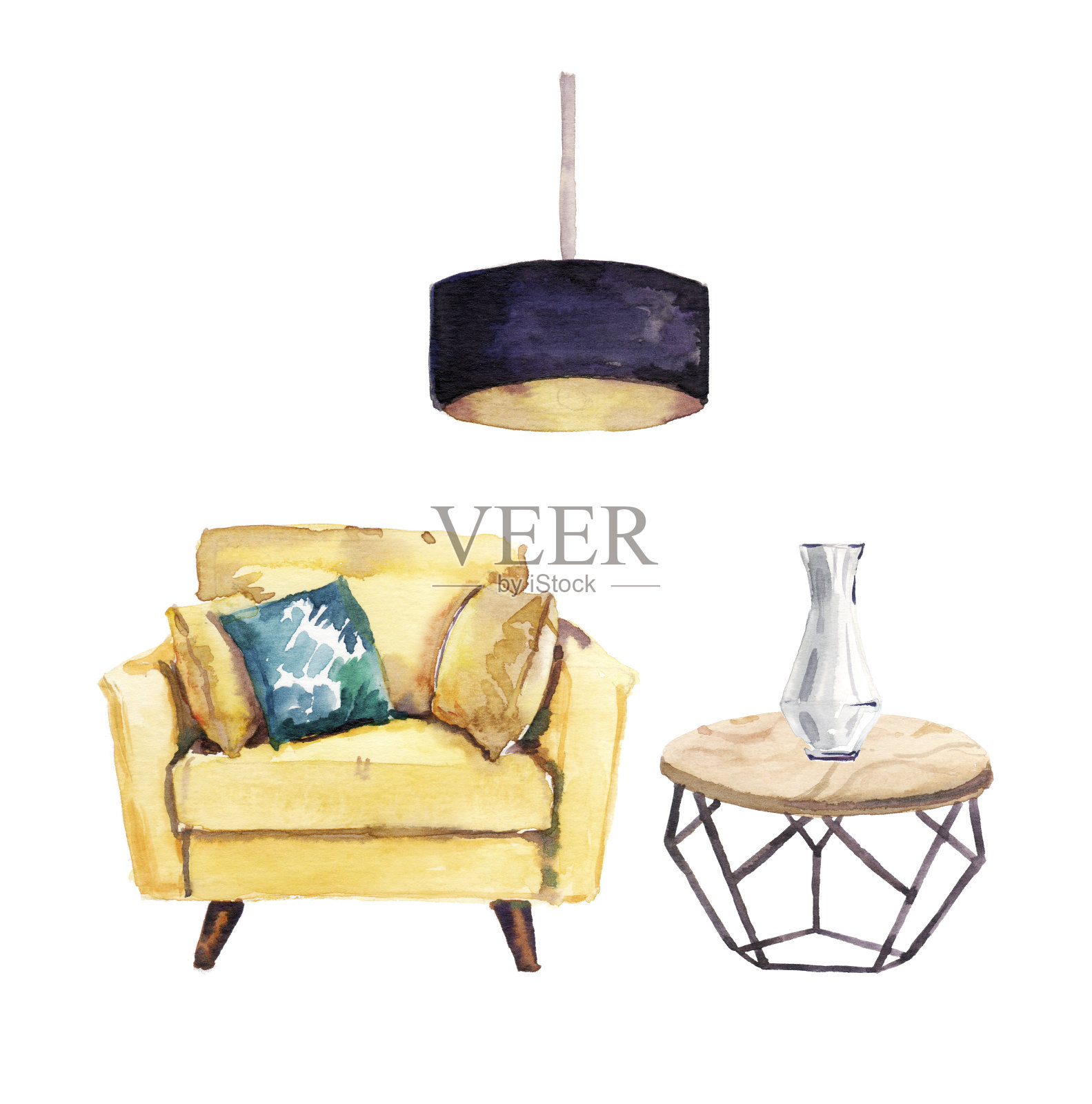 水彩手绘室内家具扶手椅和木制桌子插图设置在白色的背景插画图片素材