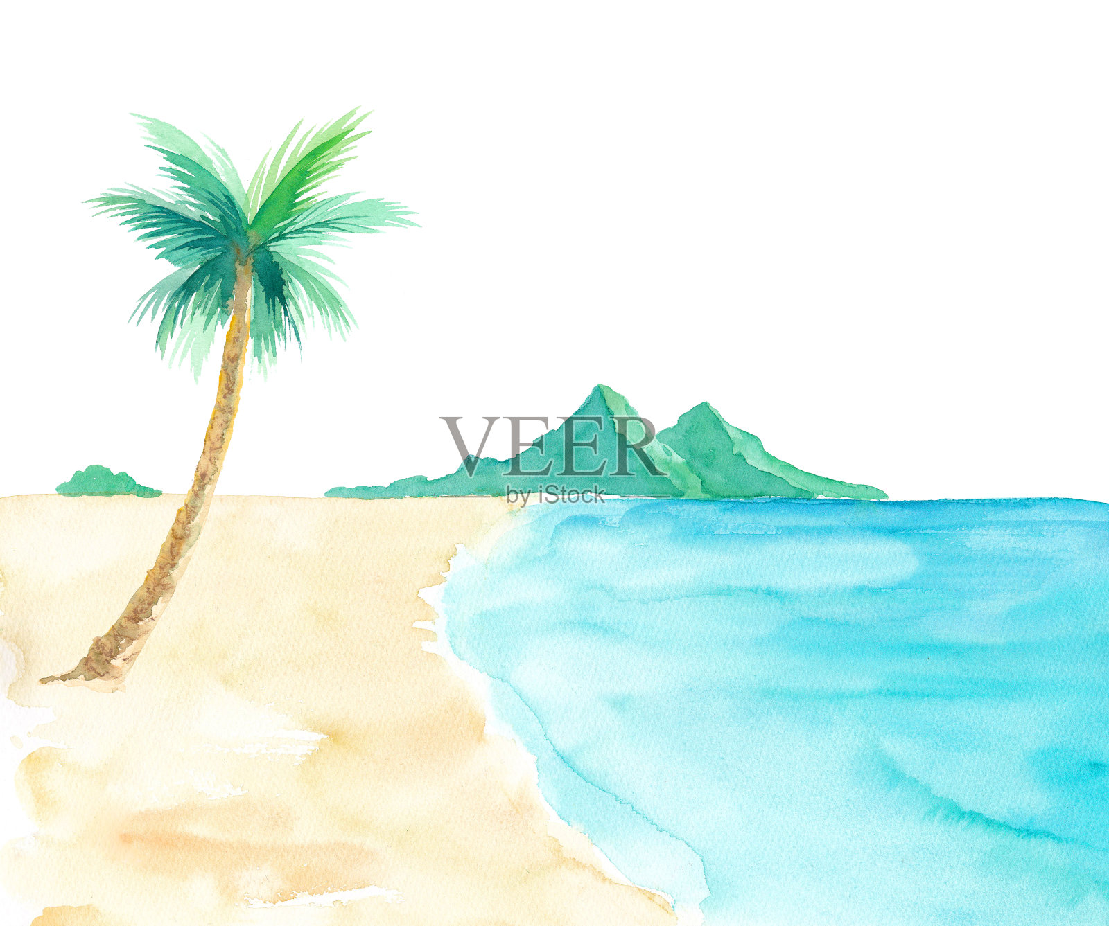 水彩插图的海滩和海岸与棕榈树插画图片素材