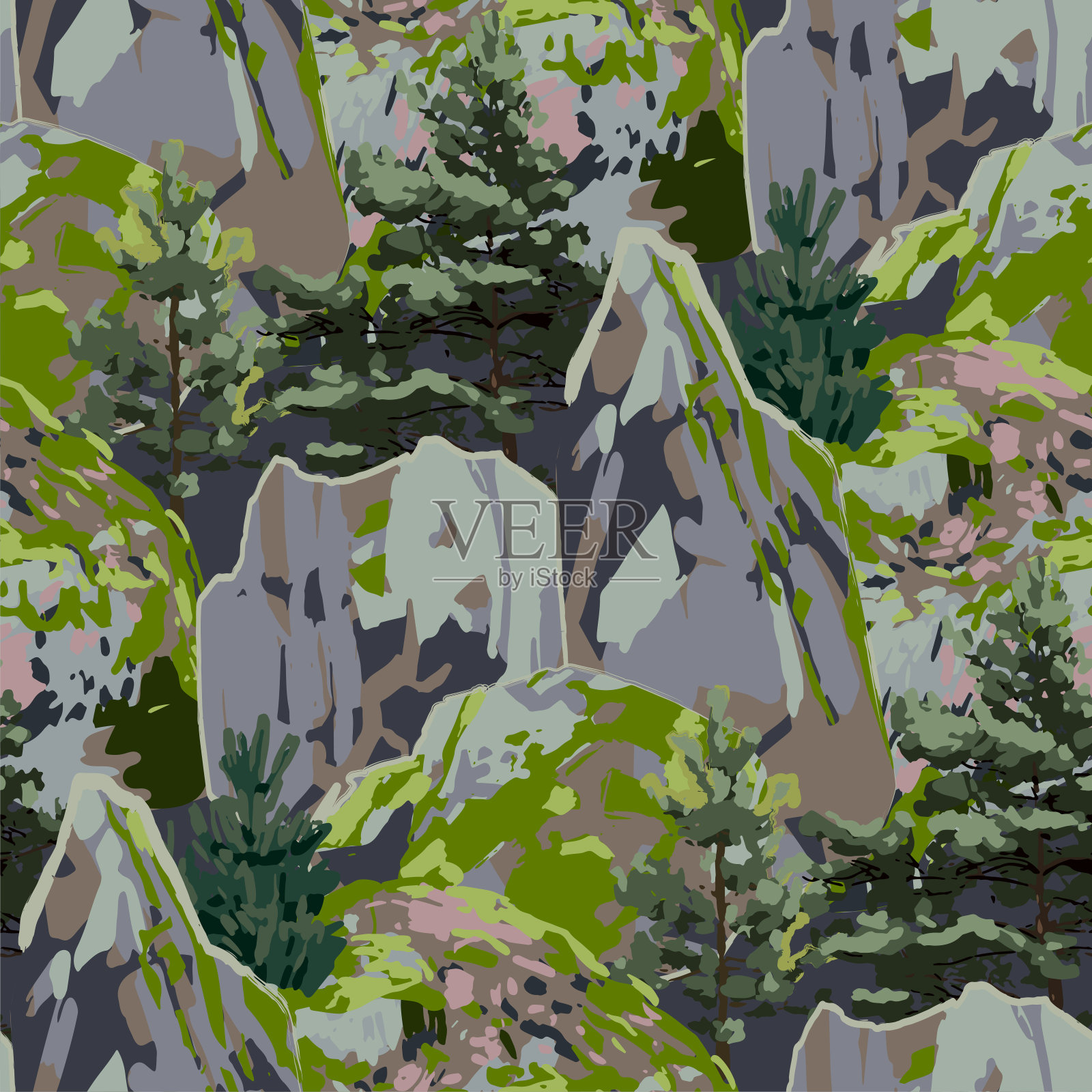巨大的岩石，覆盖着苔藓，周围是针叶树插画图片素材