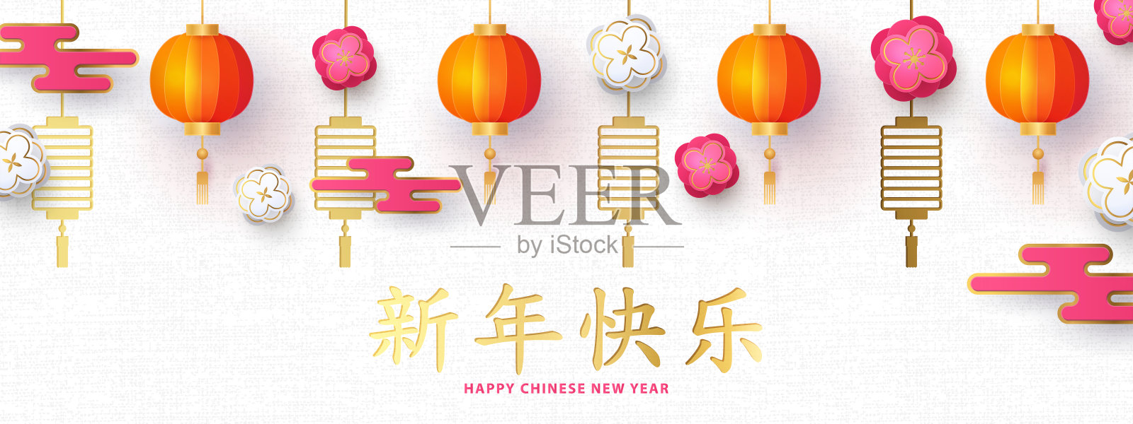 2020年中国新年的横幅。假日背景与边界制成的灯笼，云彩和花的白色织物纹理背景。插画图片素材