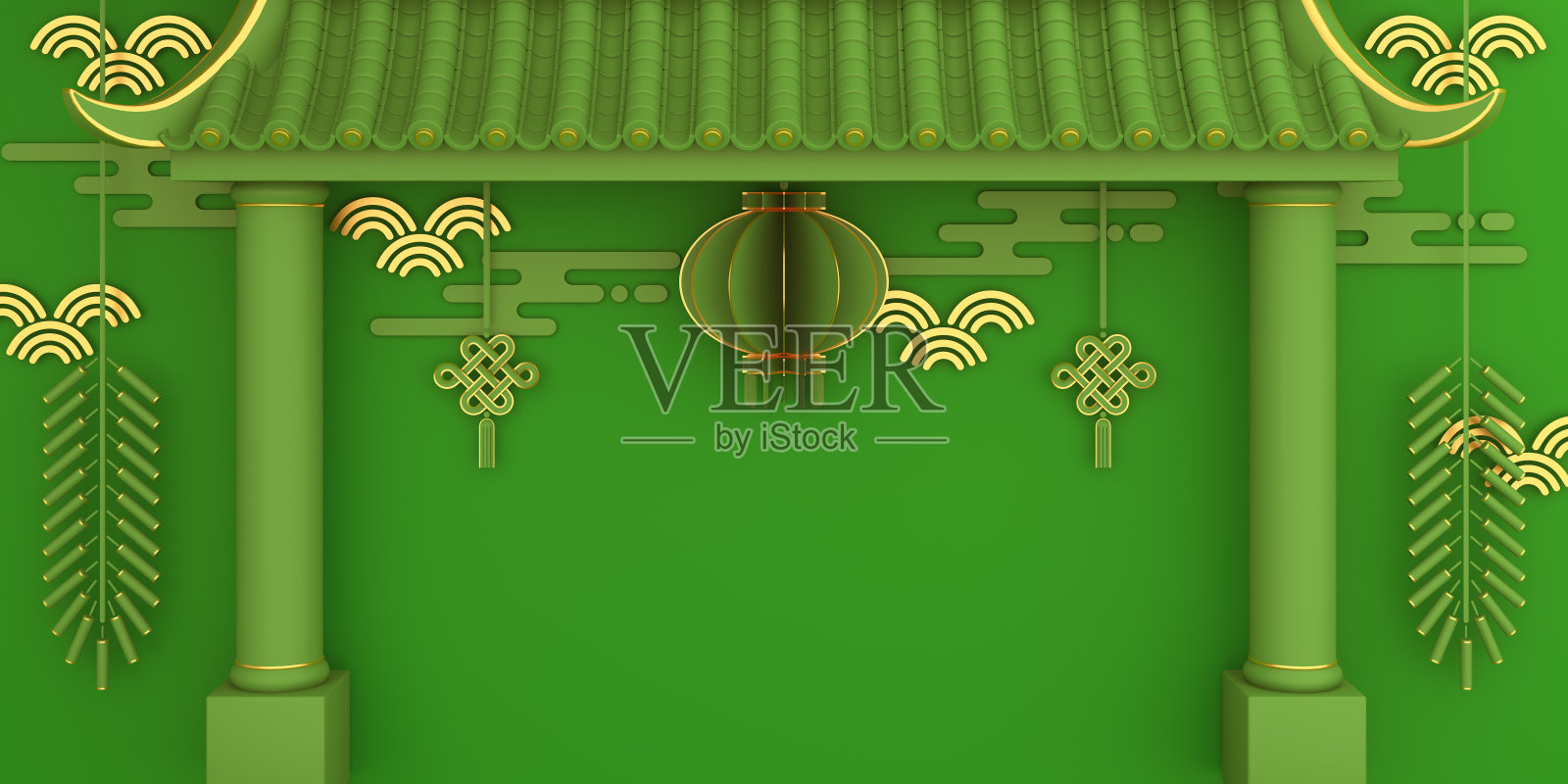 欢乐春节横幅，绿色和金色灯笼和结鞭炮剪纸传统门的背景。中国节日庆典设计创意理念。3 d演示。照片摄影图片