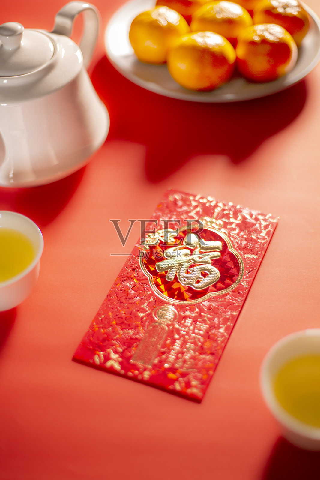 中国新年食品饮料与红包安宝静物。照片摄影图片