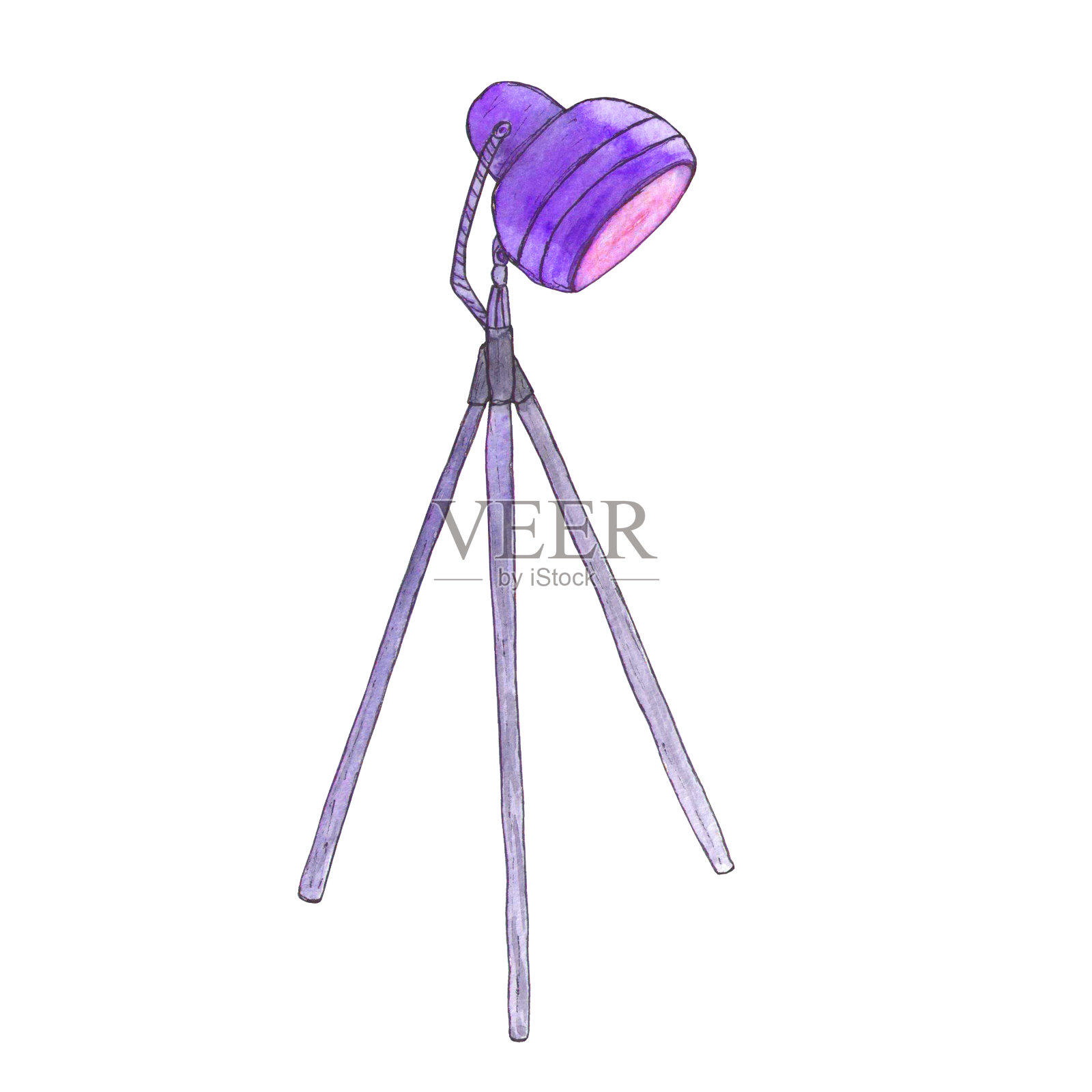 紫色三脚架现代灯。水彩插图草图插画图片素材
