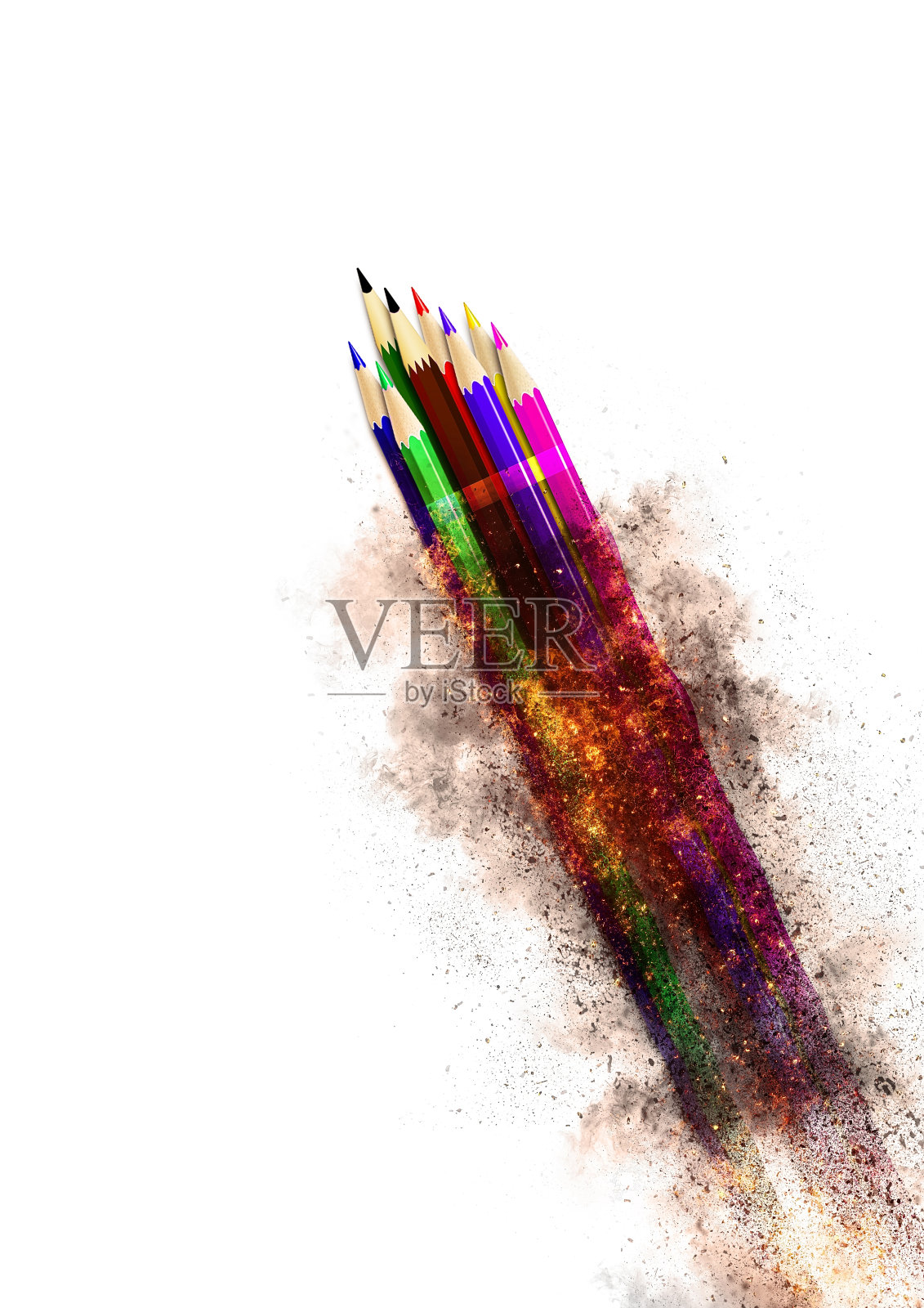 发射一枚与彩色铅笔捆在一起的抽象火箭照片摄影图片