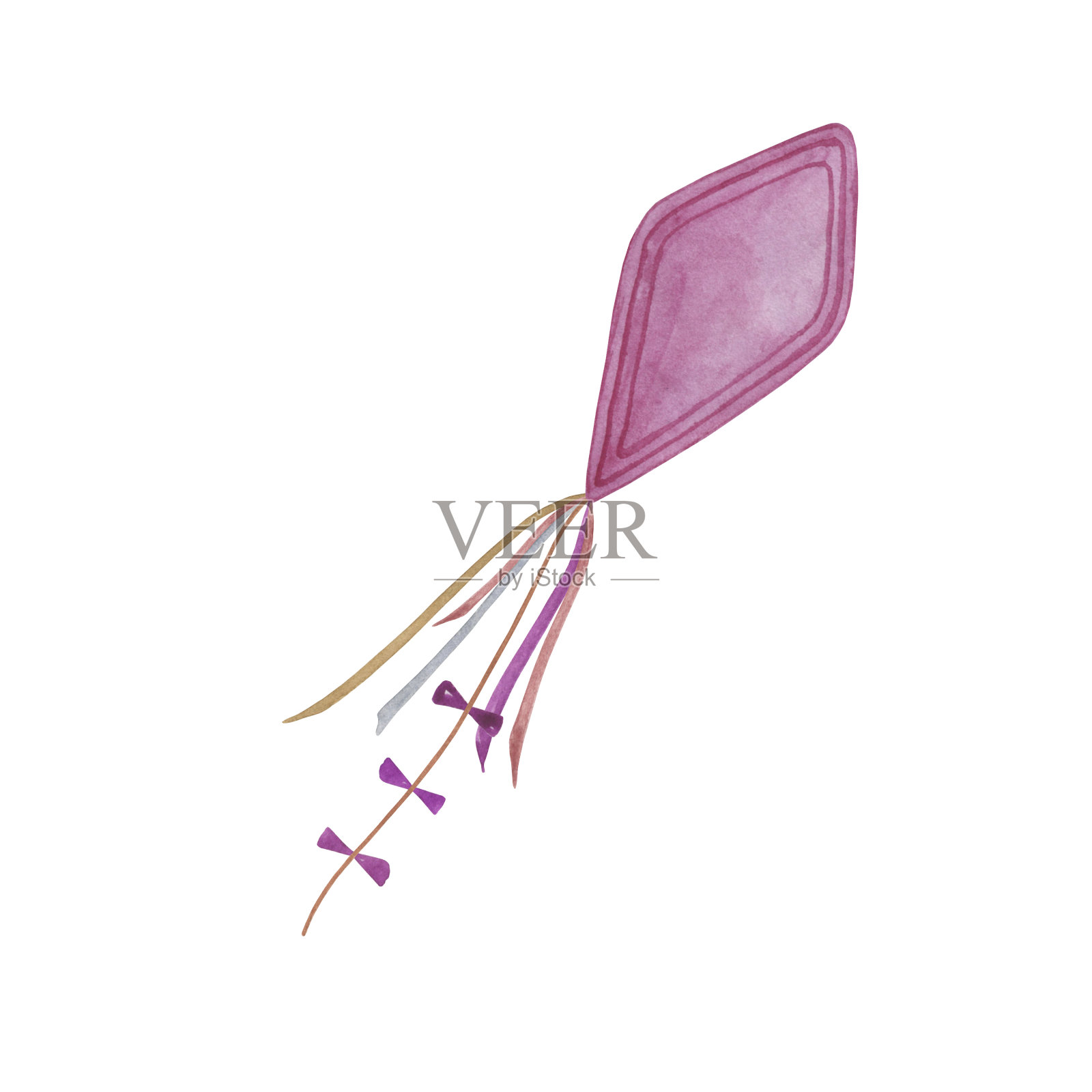 手绘的紫色风筝与绳子，蝴蝶结和丝带设计元素图片