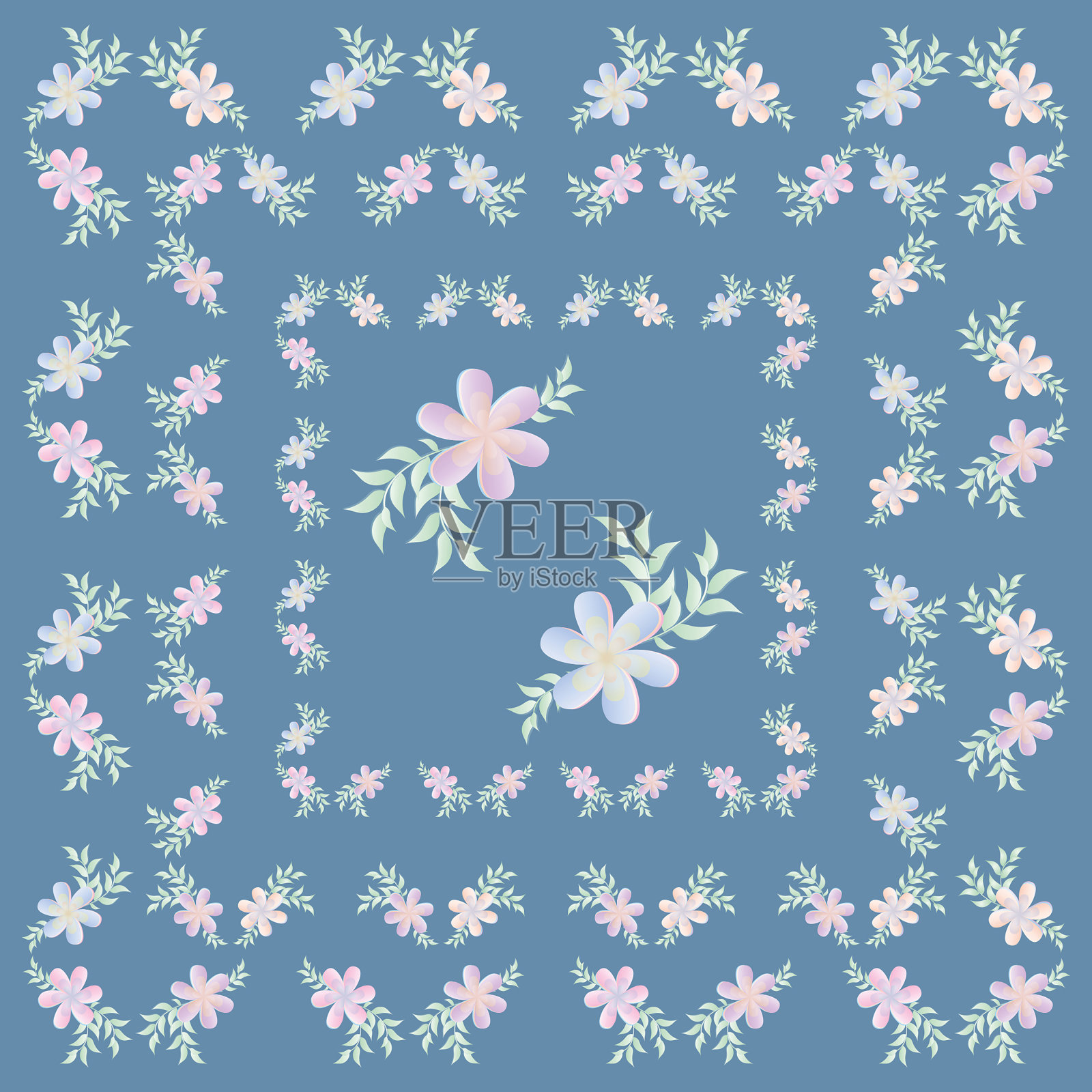 柔和色彩的花卉正方形无缝图案。粉红色的花，带有树叶和小树枝在灰蓝色的背景上做桌布，餐巾，围巾，明信片，纺织品，织物，头巾，围巾，地毯插画图片素材