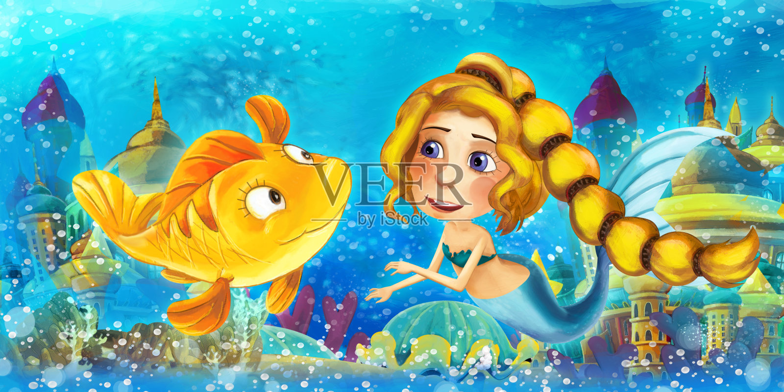 卡通场景与美人鱼公主在海洋珊瑚礁上与金鱼插画图片素材