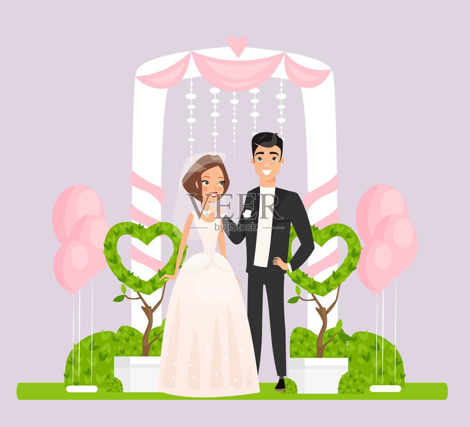 仪式拱门与婚礼夫妇平面矢量插图设计模板素材