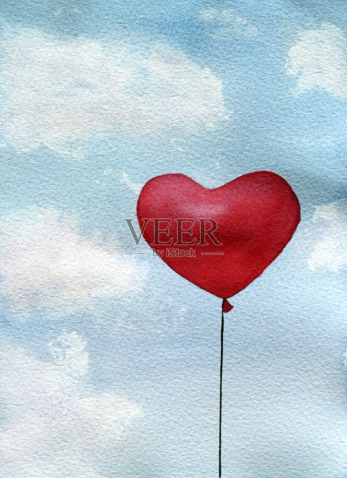 红心气球在蓝色的多云的天空，水彩画情人节，红心形状的气球和蓝色的多云的天空插画图片素材