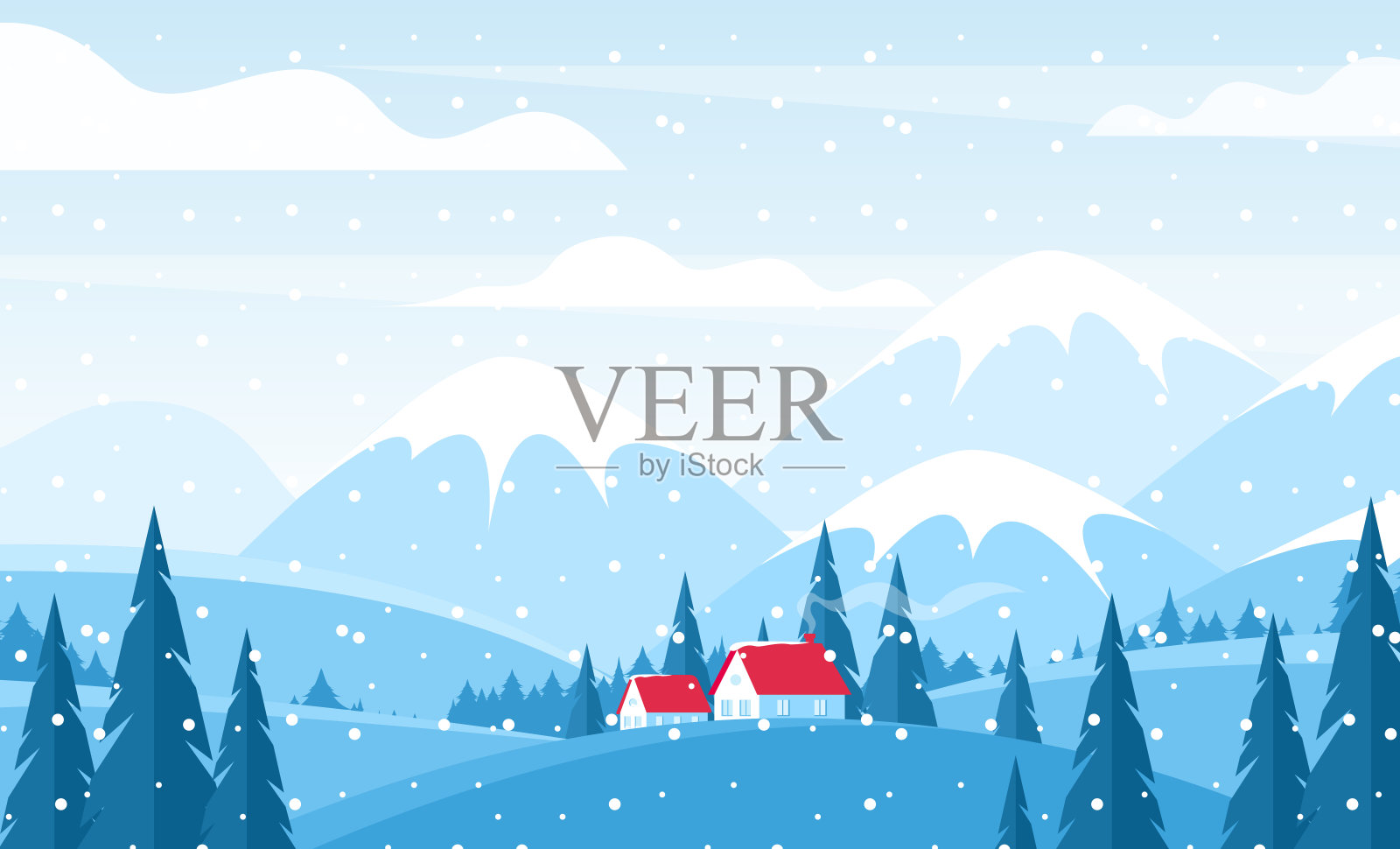 冬季景观平面矢量插图。雪山上红瓦屋顶的小屋。雪山风光。冬季农村全景。冷杉环绕的孤独的房屋。插画图片素材