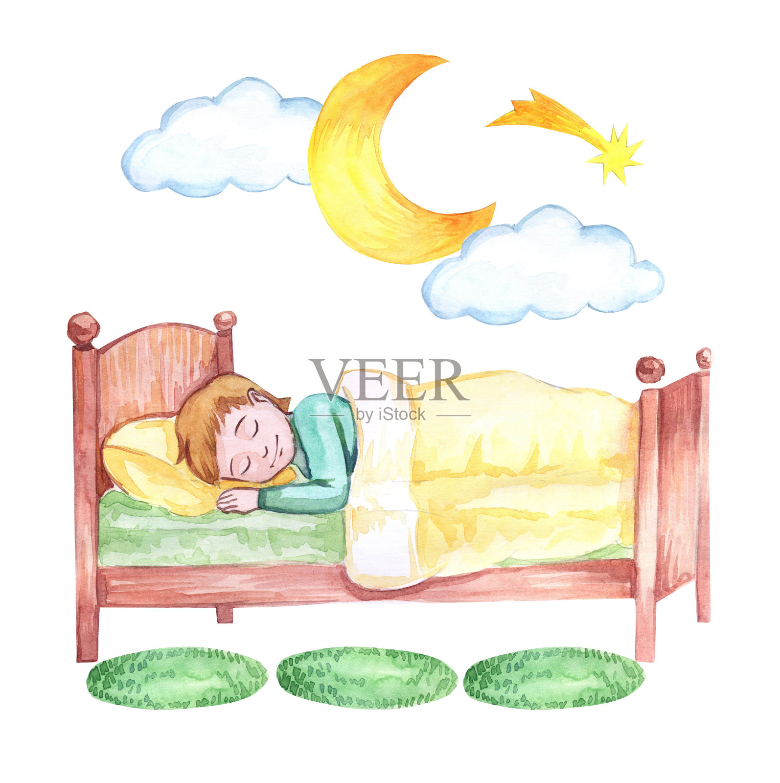 国际睡眠日。睡觉的人的水彩画插图。人睡觉。的梦想。睡觉前数羊。月球。晚上的时间。床上。孩子睡在茧里。插画图片素材