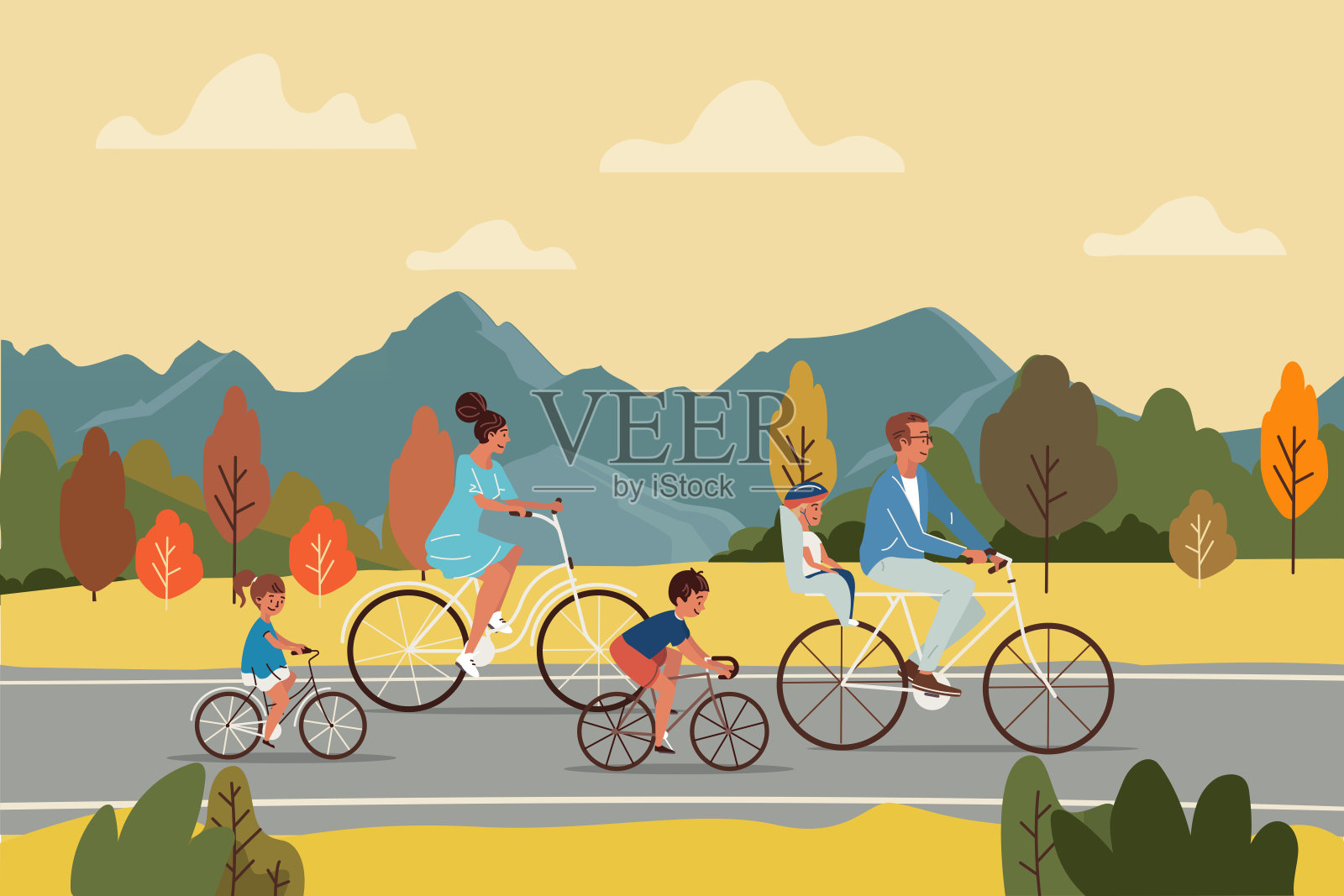快乐的父母和孩子骑自行车在柏油路在秋天的乡村旅行矢量插图。插画图片素材