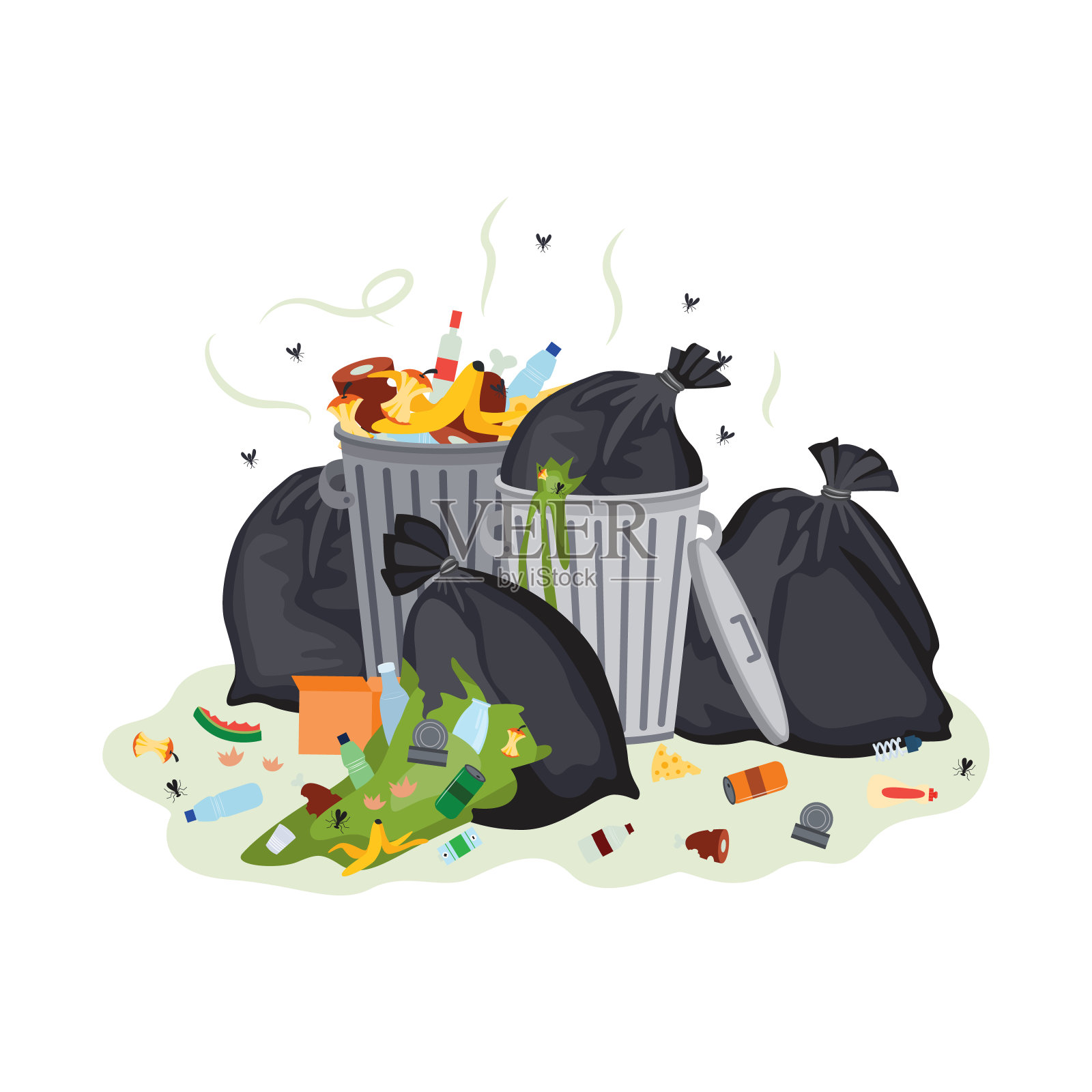 垃圾堆——黑色的垃圾袋和装满肮脏食物垃圾的金属箱插画图片素材