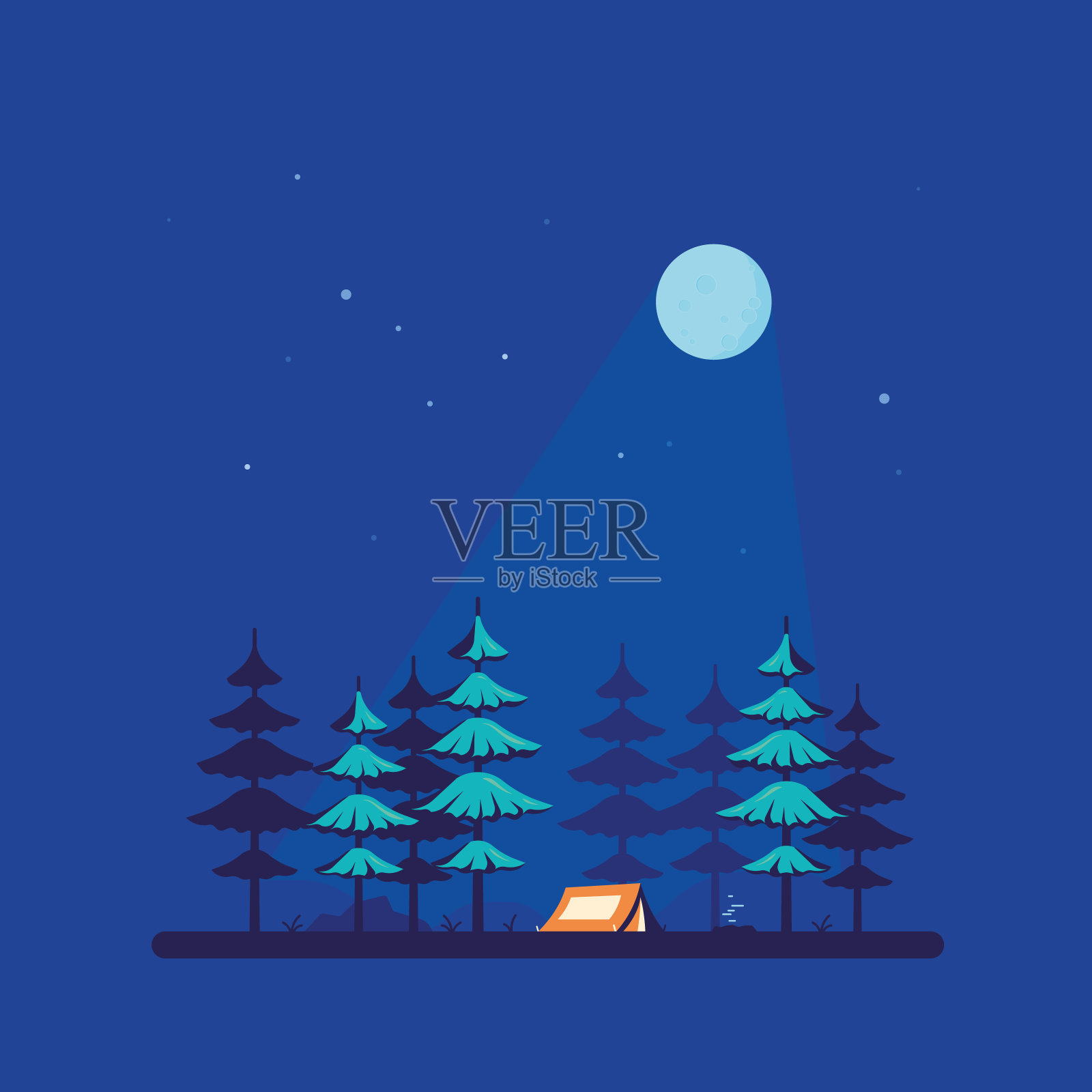 露营帐篷在森林中，平面风格设计插画图片素材