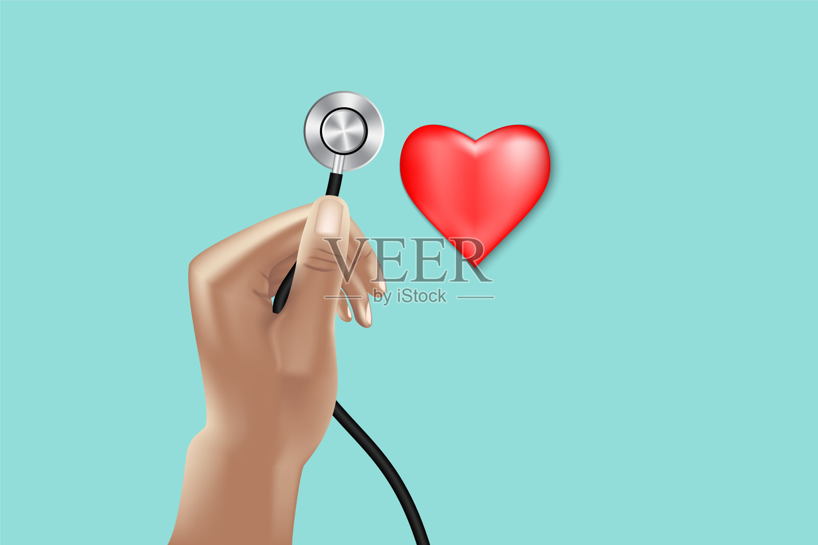 医生手握听诊器，用于红心健康检查、医疗保健和医师医生概念。用听诊器检查心脏病病人，说明。插画图片素材