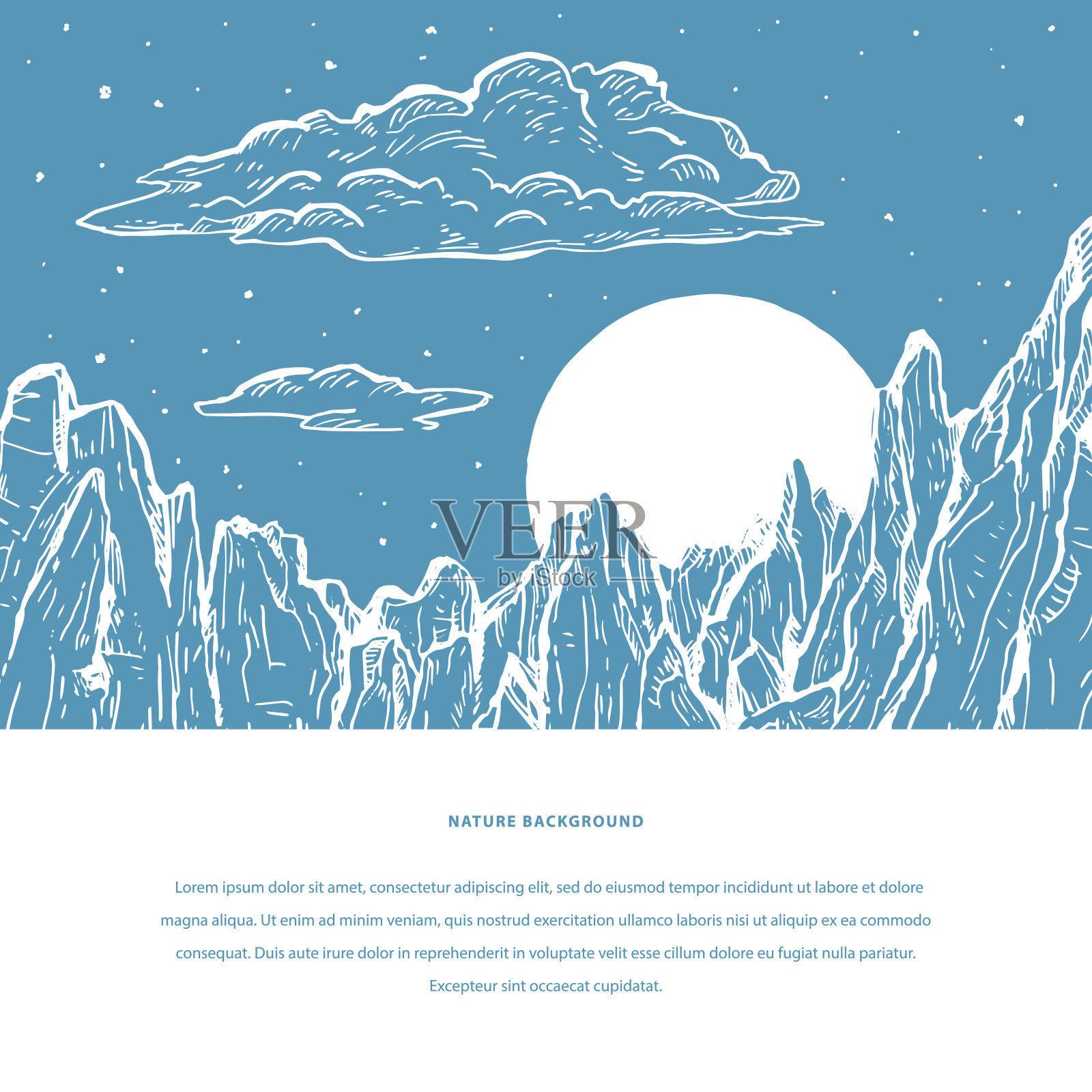 自然草图矢量模板山，月亮，云彩，星星和空间为您的文本。插画图片素材