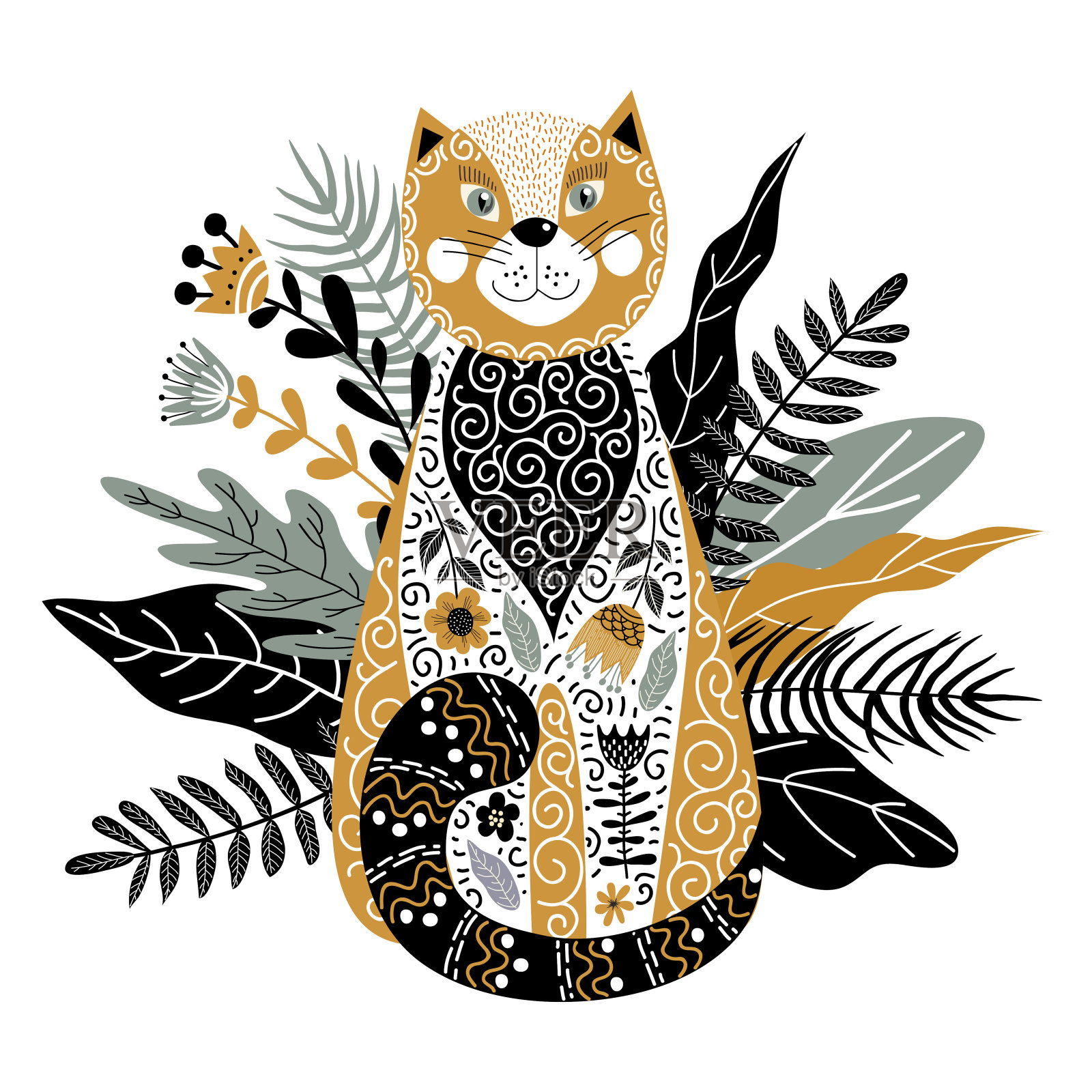 艺术矢量单色孤立的插图与可爱的猫，花和草在白色的背景在斯堪的纳维亚风格。插画图片素材