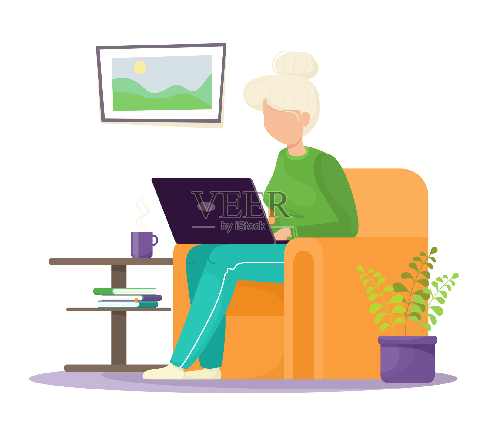 一位现代祖母坐在电脑前的椅子上，与人在线交流。矢量孤立在卡通平面风格。插画图片素材