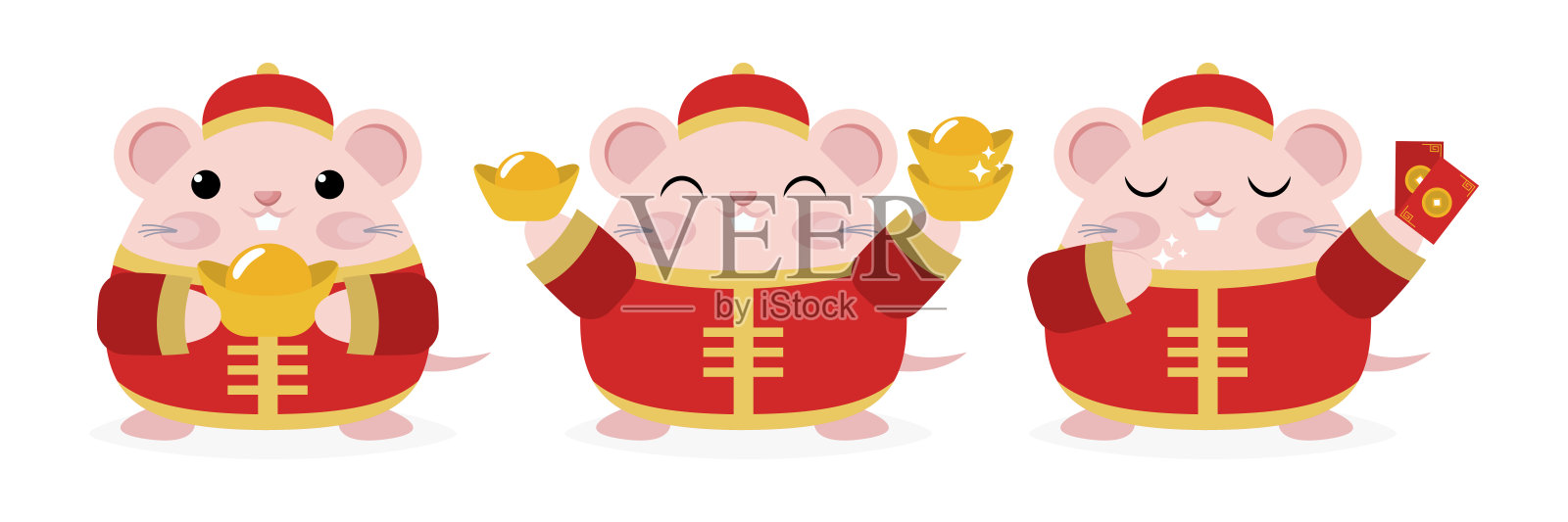 一套可爱的小老鼠在红色服装卡通人物向量新年2020年的老鼠年插画图片素材