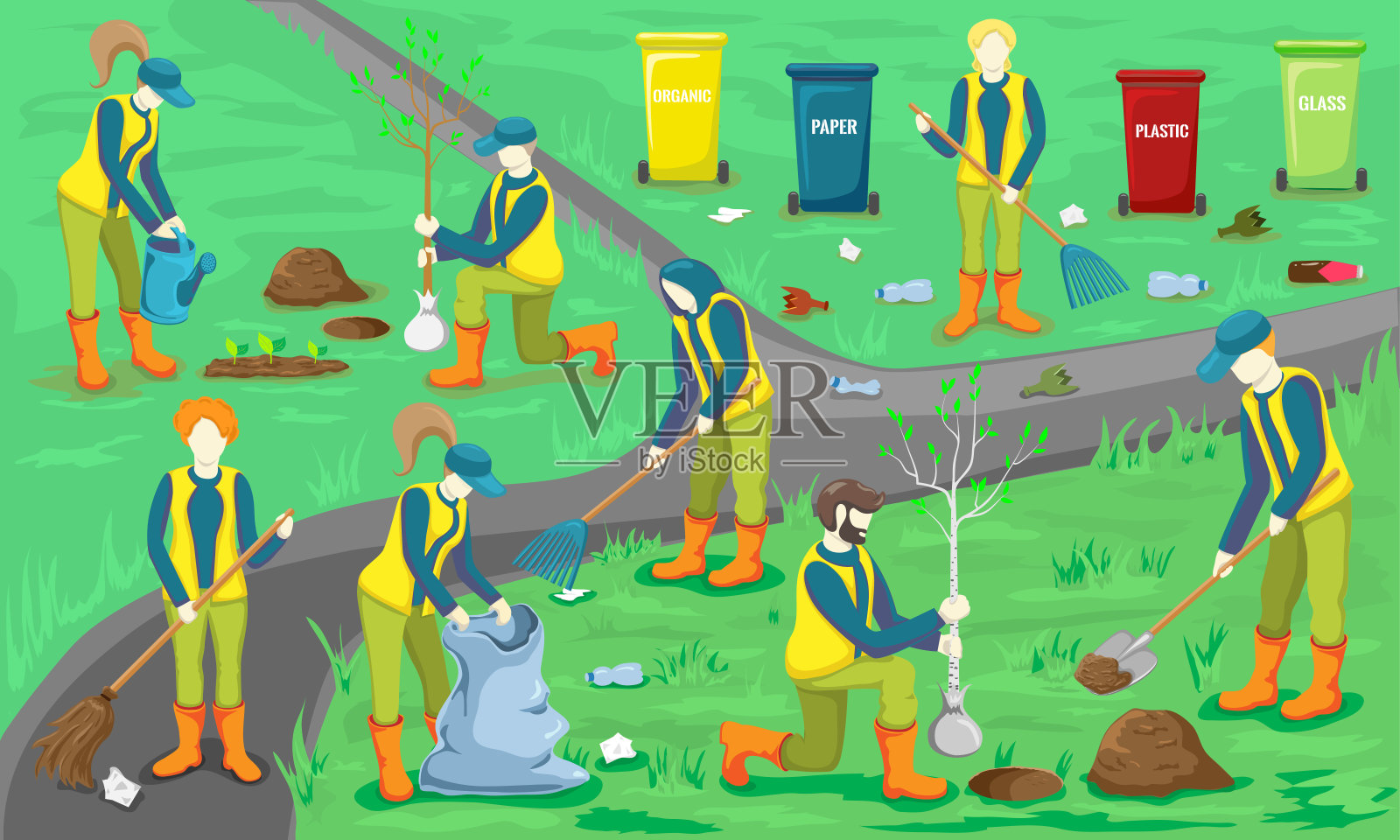 青年志愿者在城市公园清扫、清理垃圾、植树、浇苗。生态的生活方式。矢量平面插图。人们关心地球和环境插画图片素材