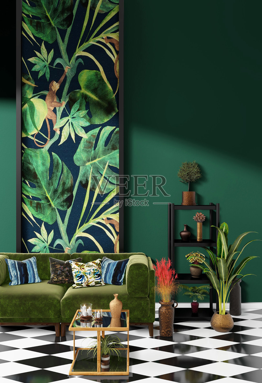 美丽的室内设计与丛林打印功能墙照片摄影图片