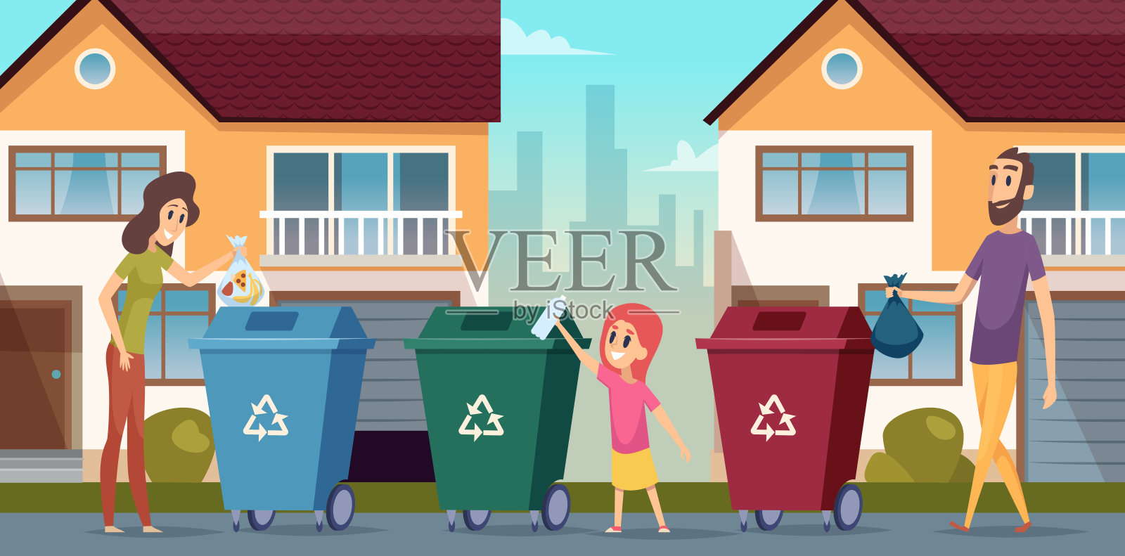 垃圾回收。垃圾分类人保护自然容器为垃圾矢量卡通背景插画图片素材